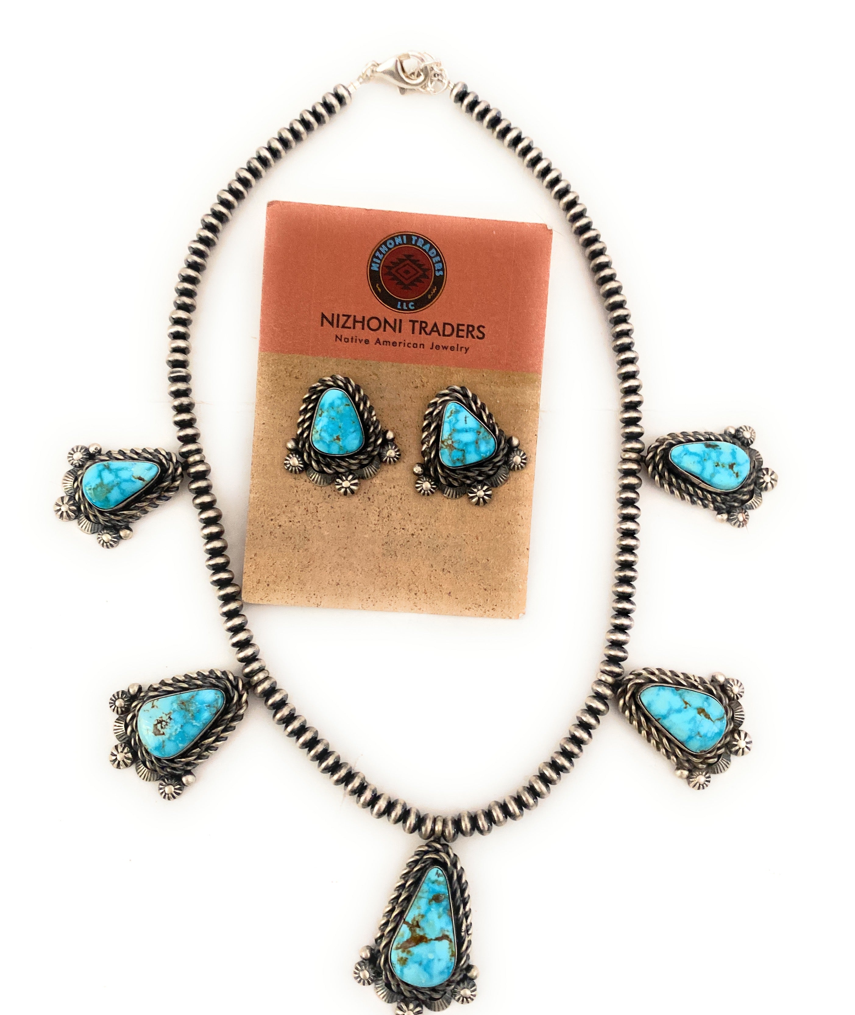 Navajo Sterling Silver & Turquoise Necklace Set by Eli Skeets