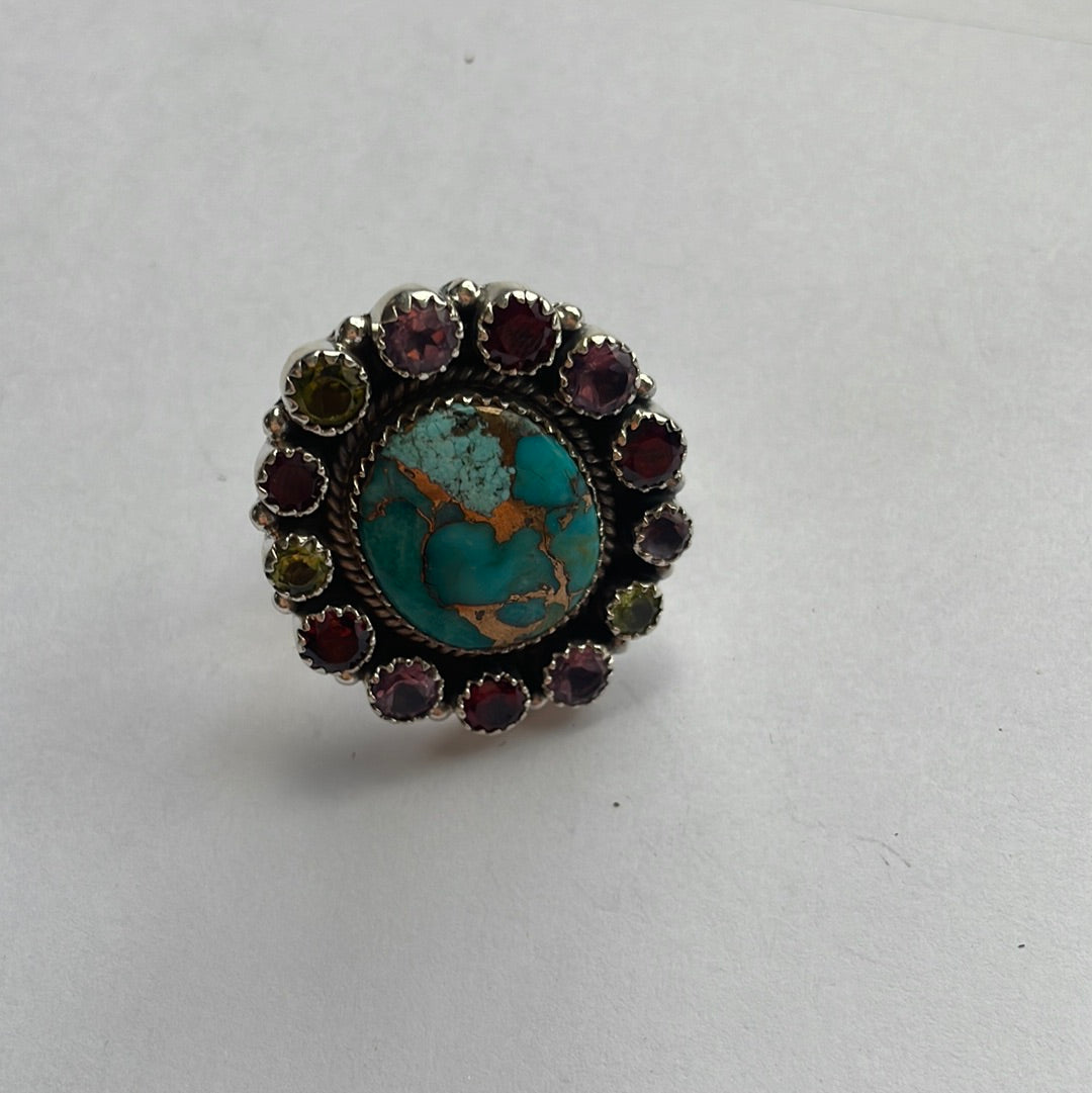 Nizhoni Turquoise, Peridot, Ruby, Amethyst & Sterling Silver Handmade Ring