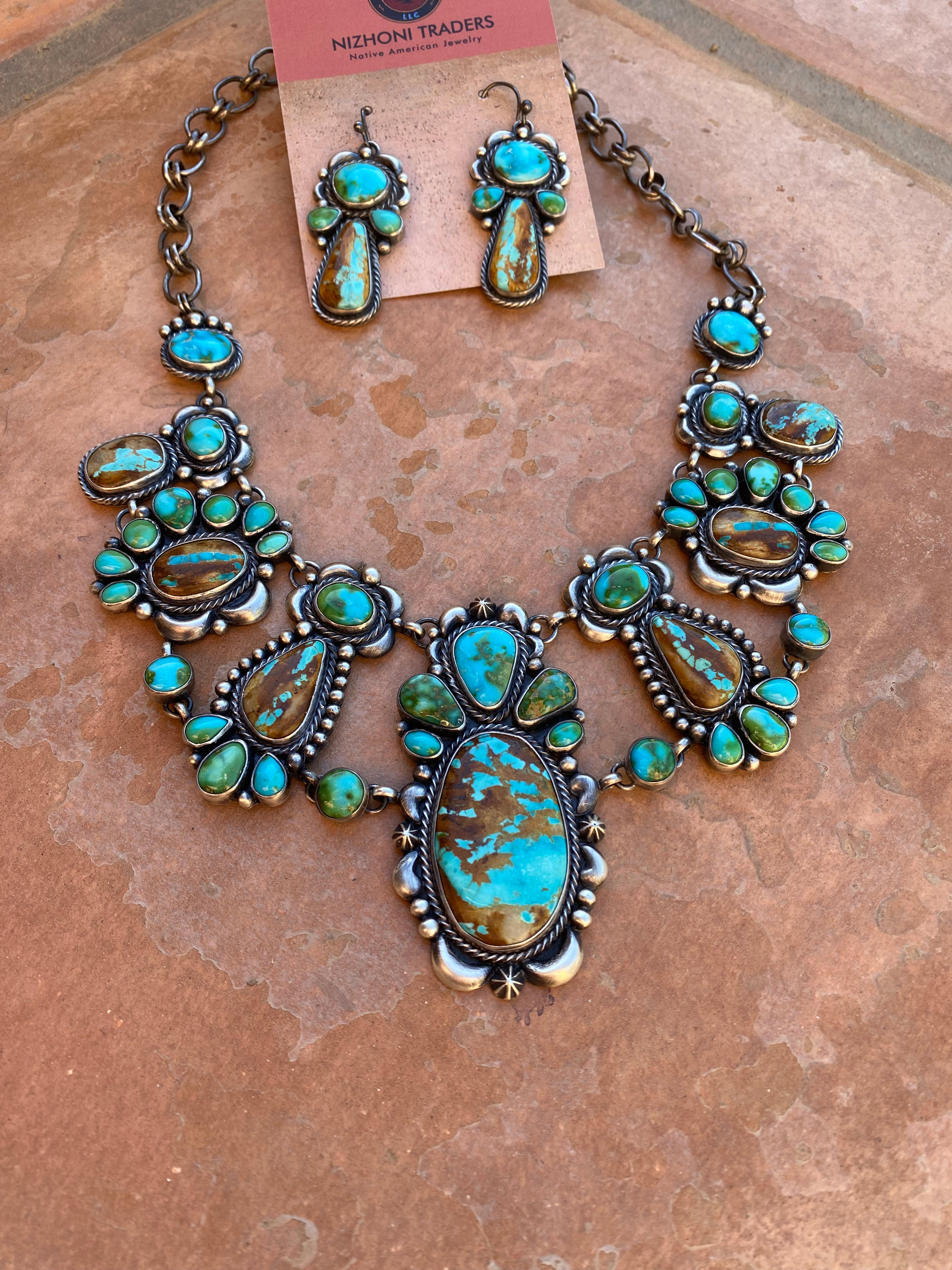 Diane Wyllie Ribbon and Sonoran Turquoise Necklace and Earring Set Signed By The Artist