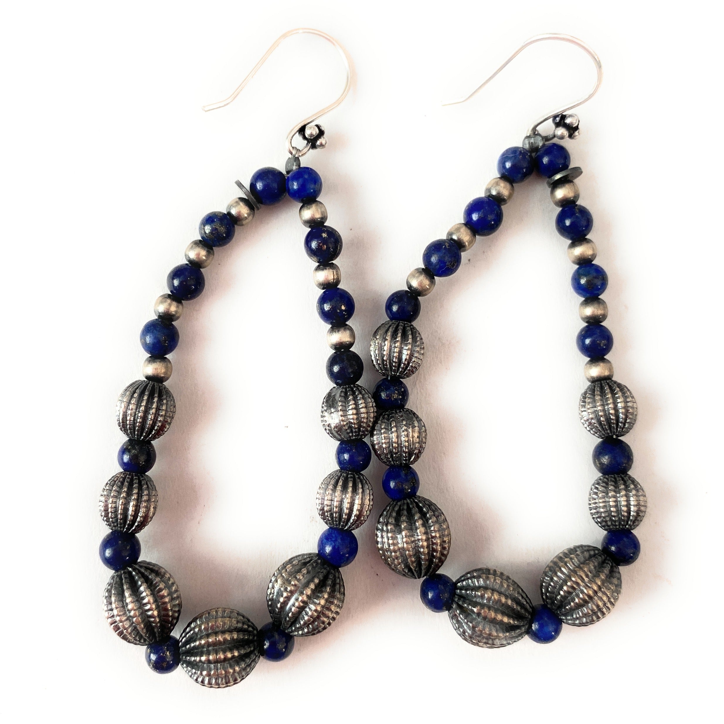 Handmade Lapis And Sterling Silver Beaded Dangle Earrings