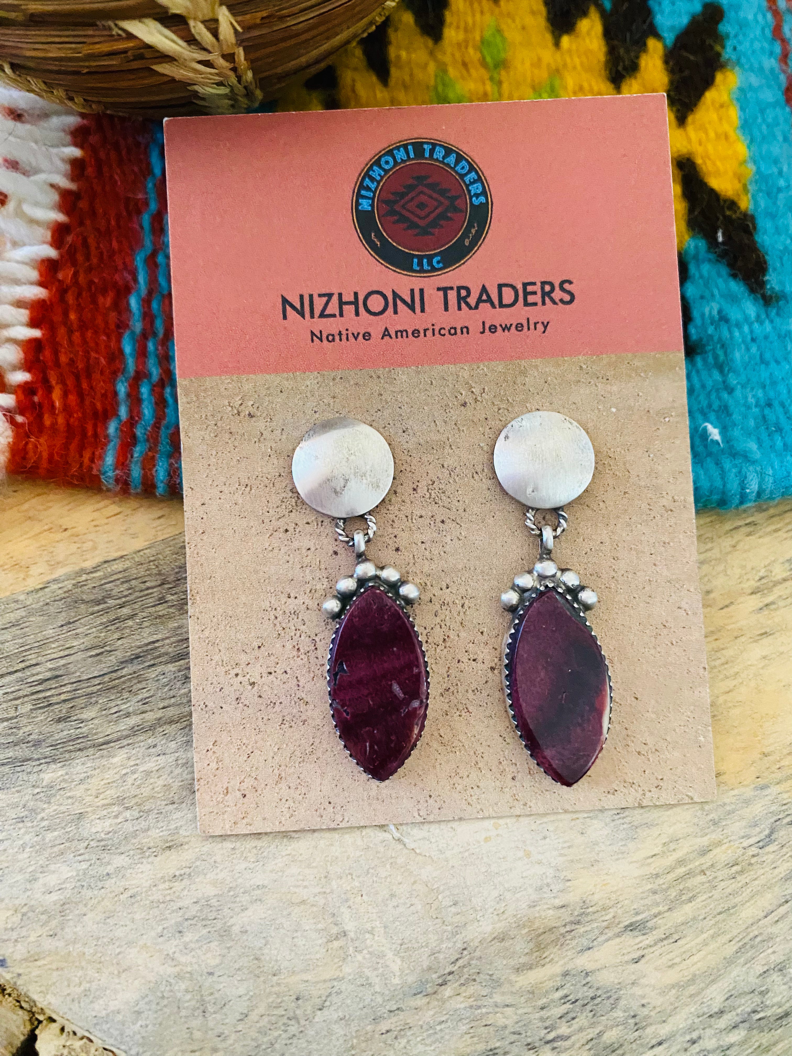 Navajo Sterling Silver & Purple Spiny Dangle Earrings