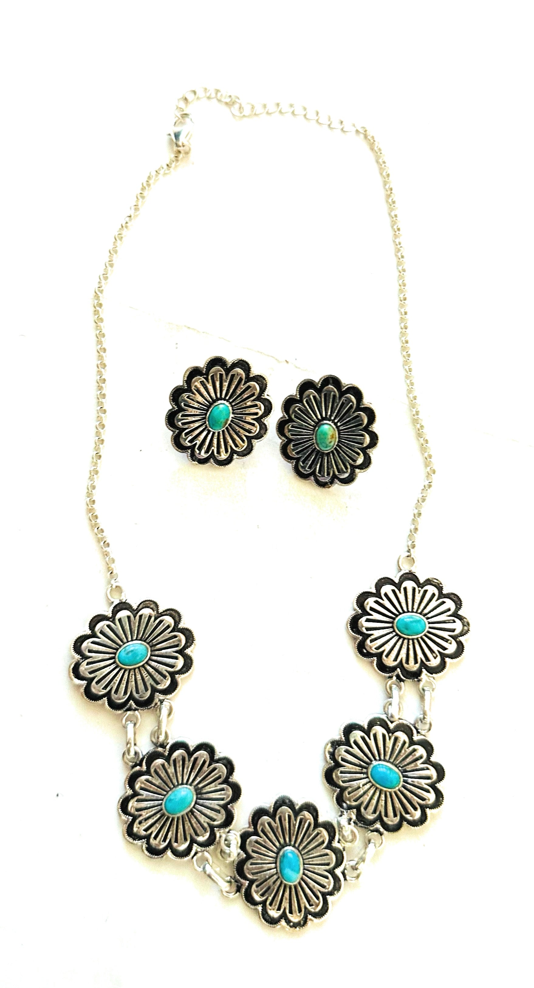 Handmade Sterling Silver & Turquoise Flower Necklace Set