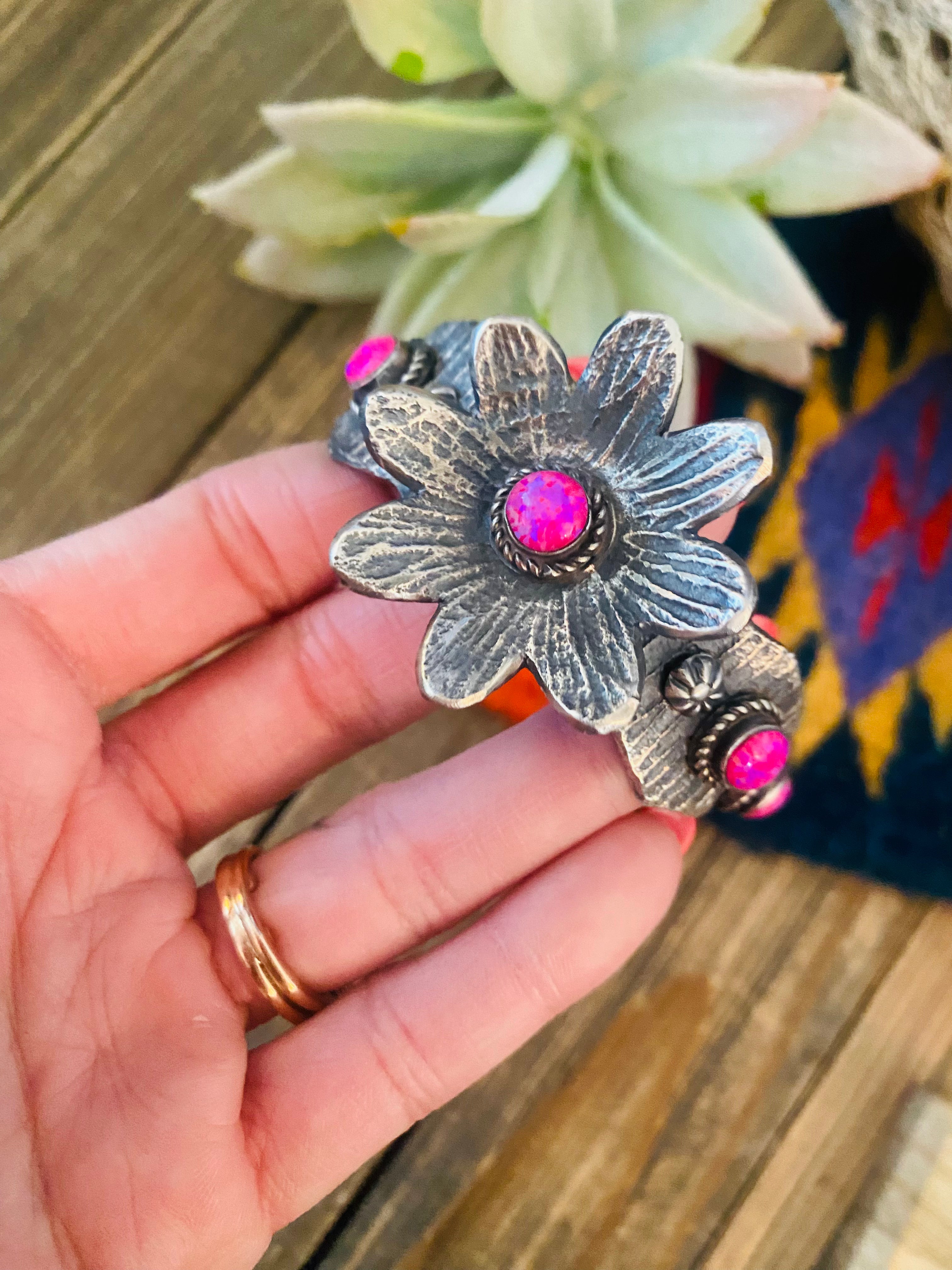 Navajo Pink Opal & Sterling Silver Flower Cuff Bracelet