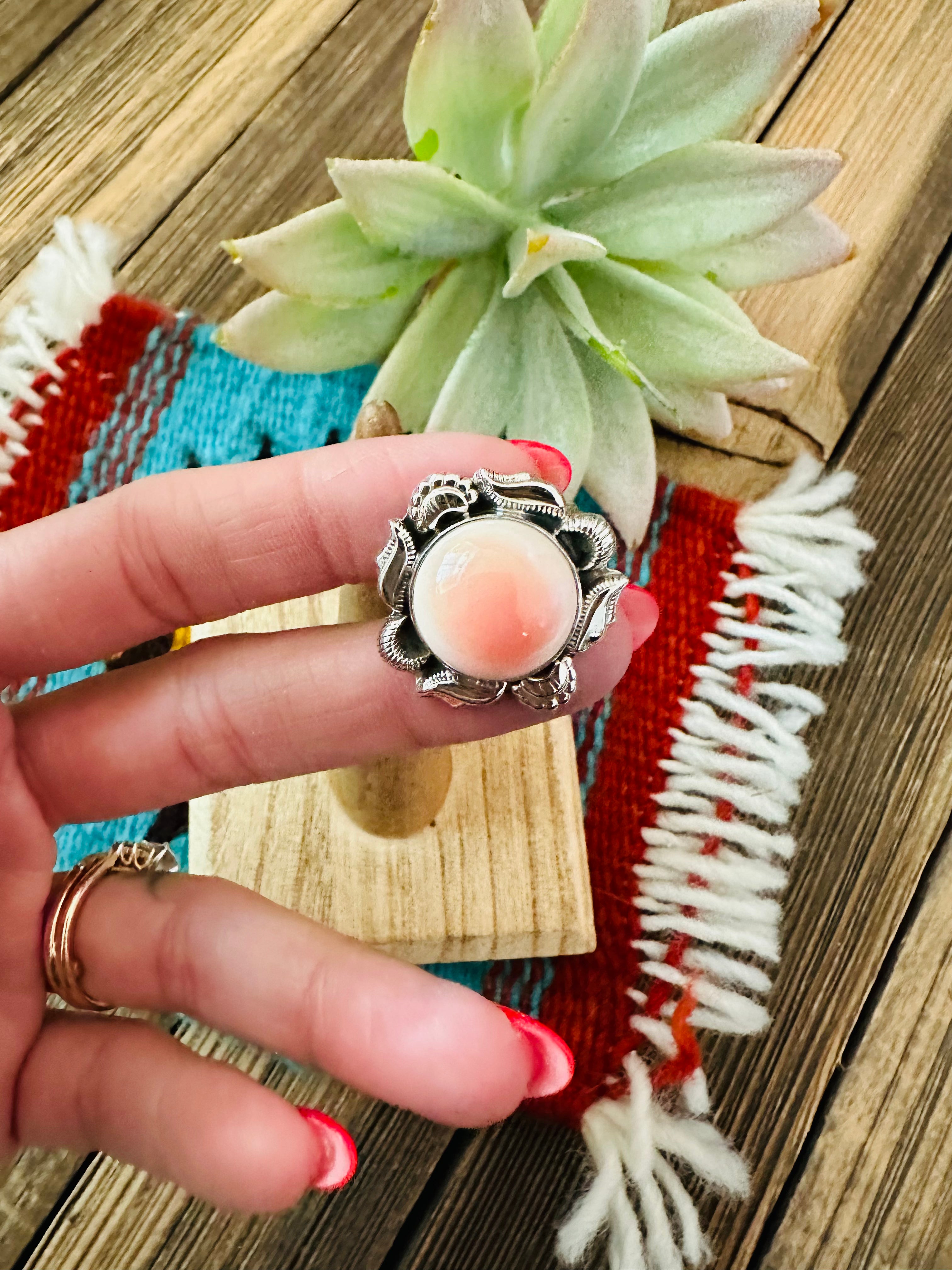 Handmade Sterling Silver & Queen Pink Conch Shell Adjustable Ring