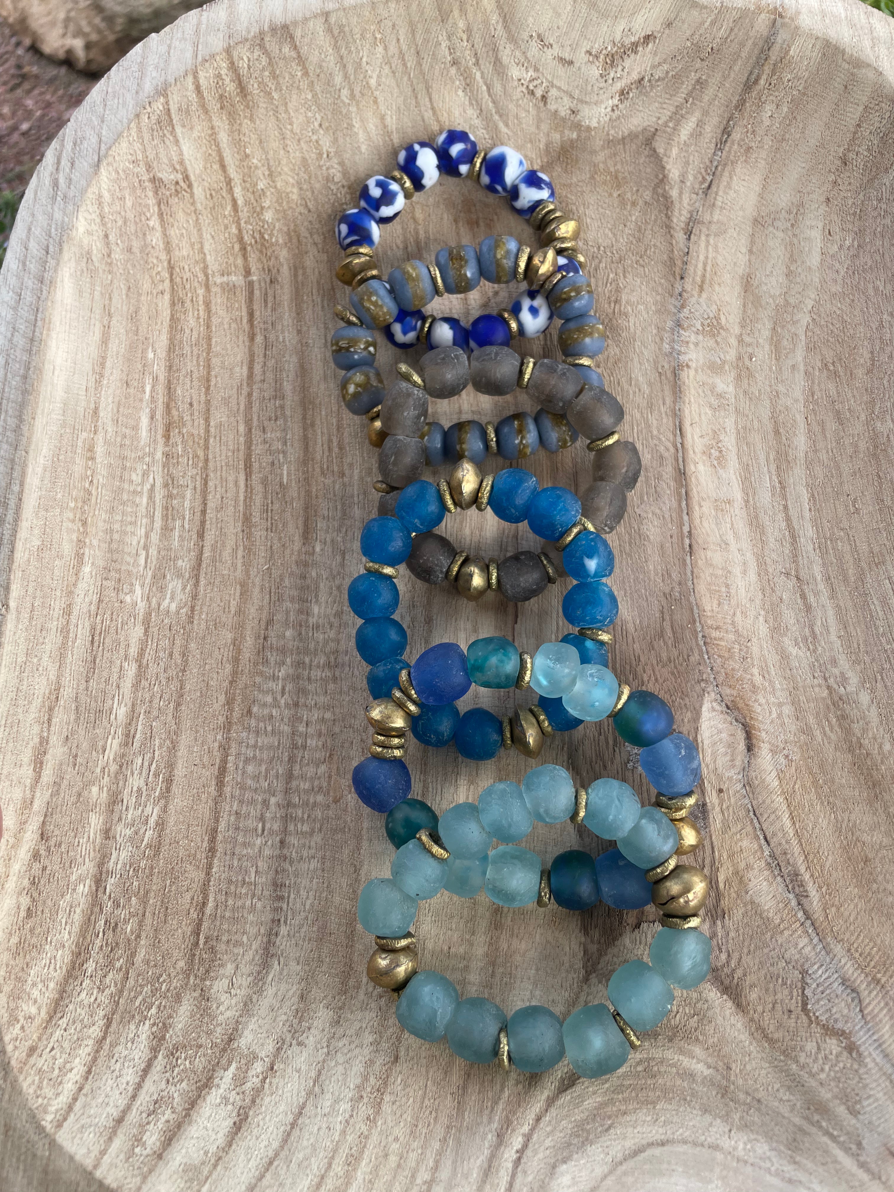 Handmade Recycled Glass Beaded Stretch Bracelet OCEAN BLUE