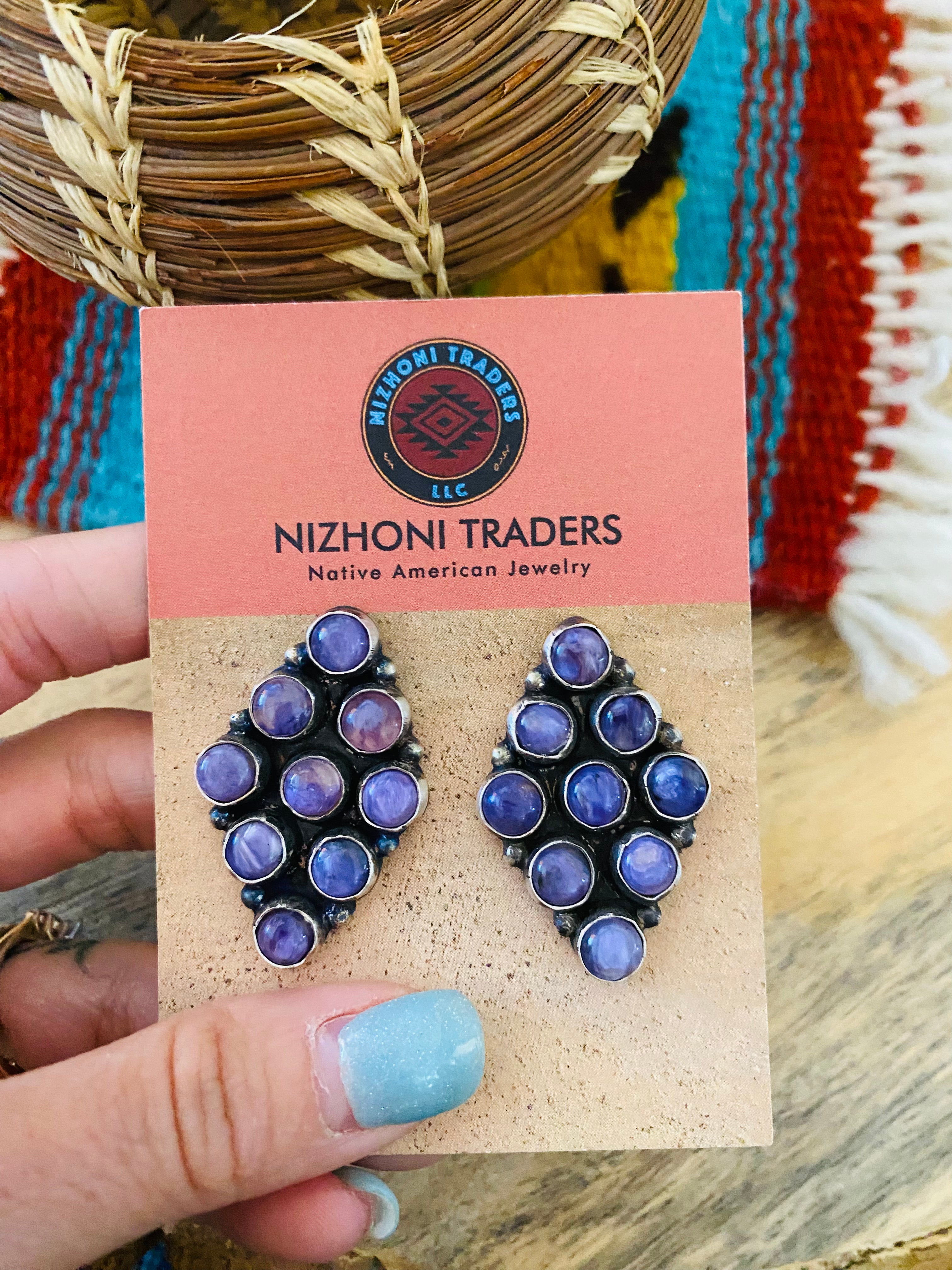 Navajo Charoite & Sterling Silver Cluster Earrings