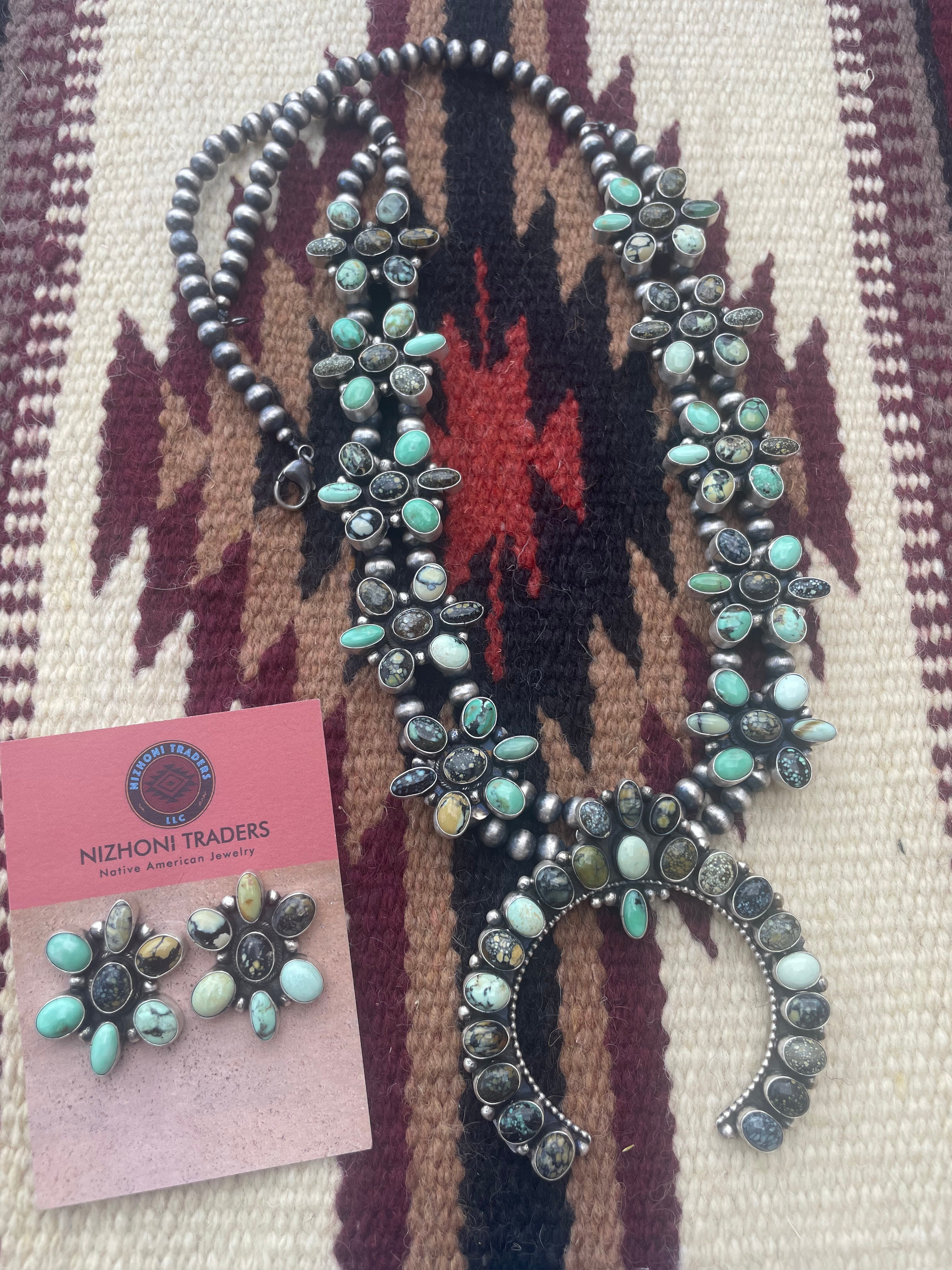 Beautiful Navajo Sterling Silver Tibetan Turquoise Squash Blossom Necklace & Earring Set Signed B Yellowhorse