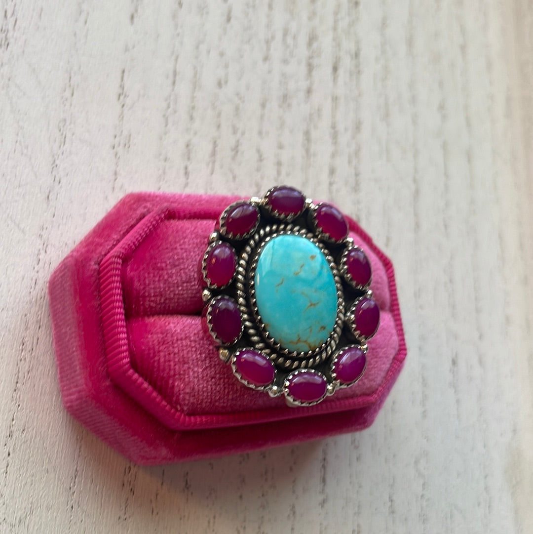 Handmade Pink Onyx & Turquoise Sterling Silver Adjustable Ring Signed Nizhoni