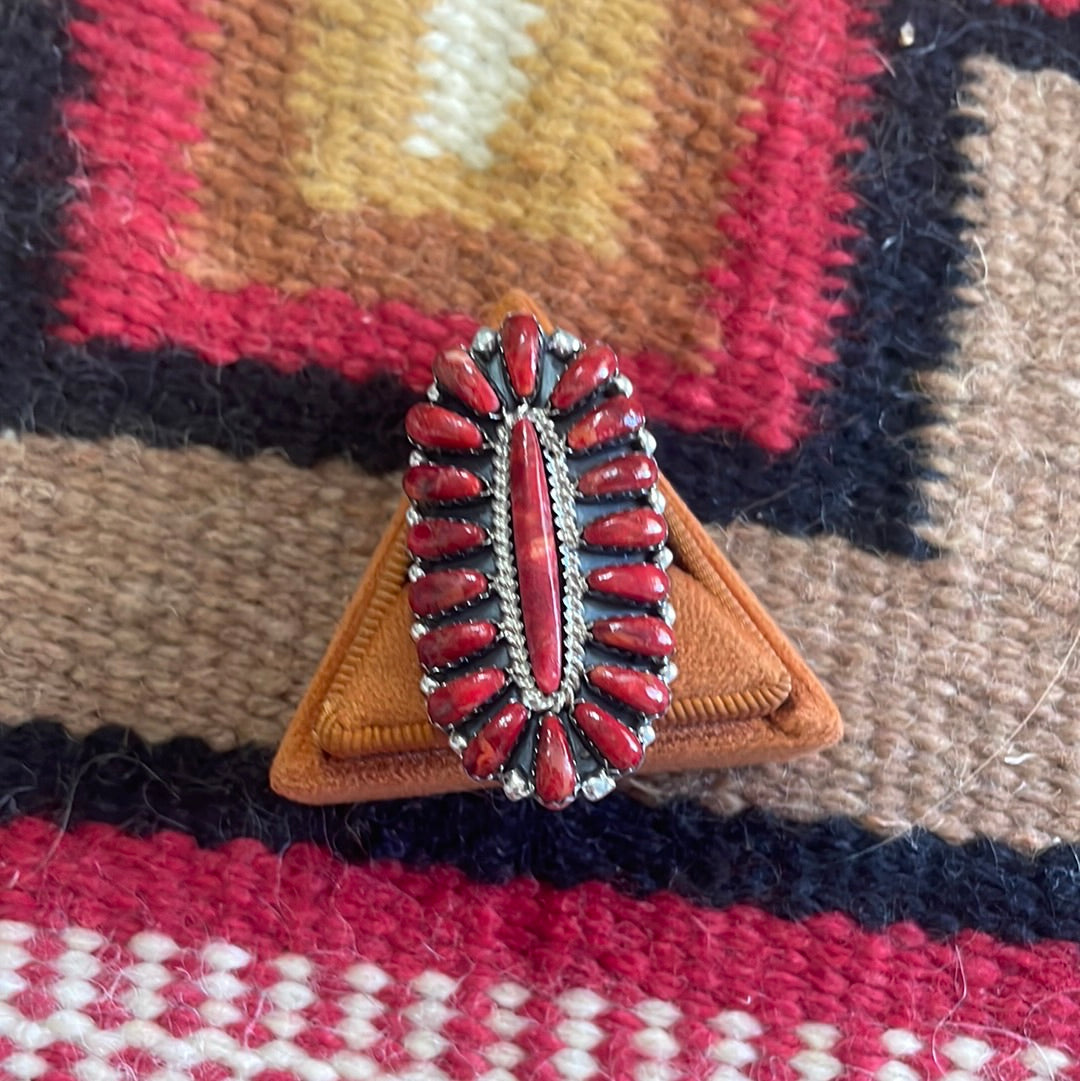 Navajo Sterling Silver & Coral Oval Cluster Ring Signed