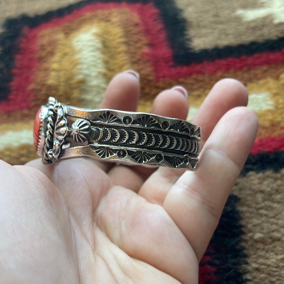 Kevin Billah Navajo Sterling Silver & Orange Spiny Cuff Bracelet Signed