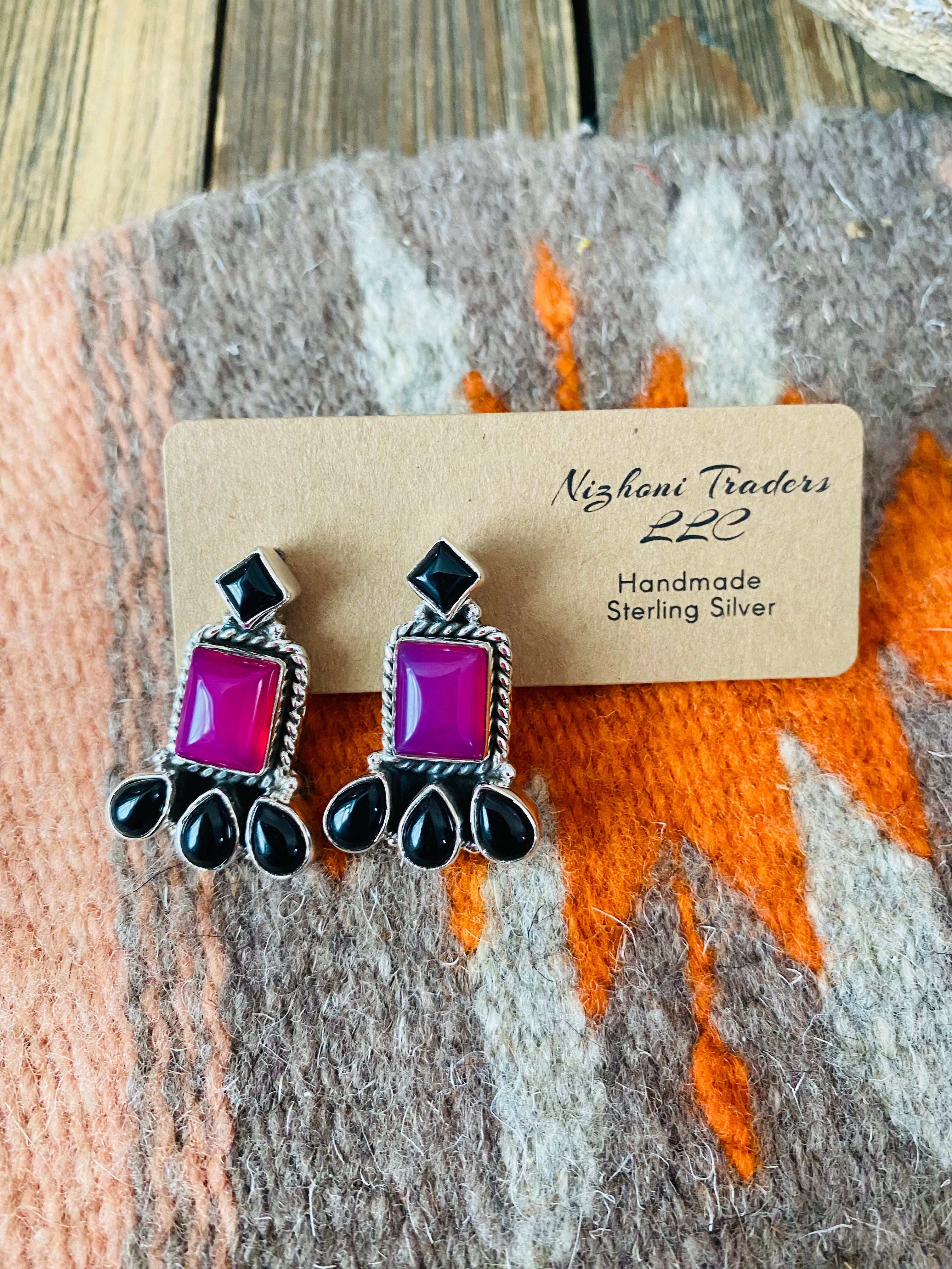 Handmade Pink & Black Onyx Sterling Silver Post Earrings Signed Nizhoni