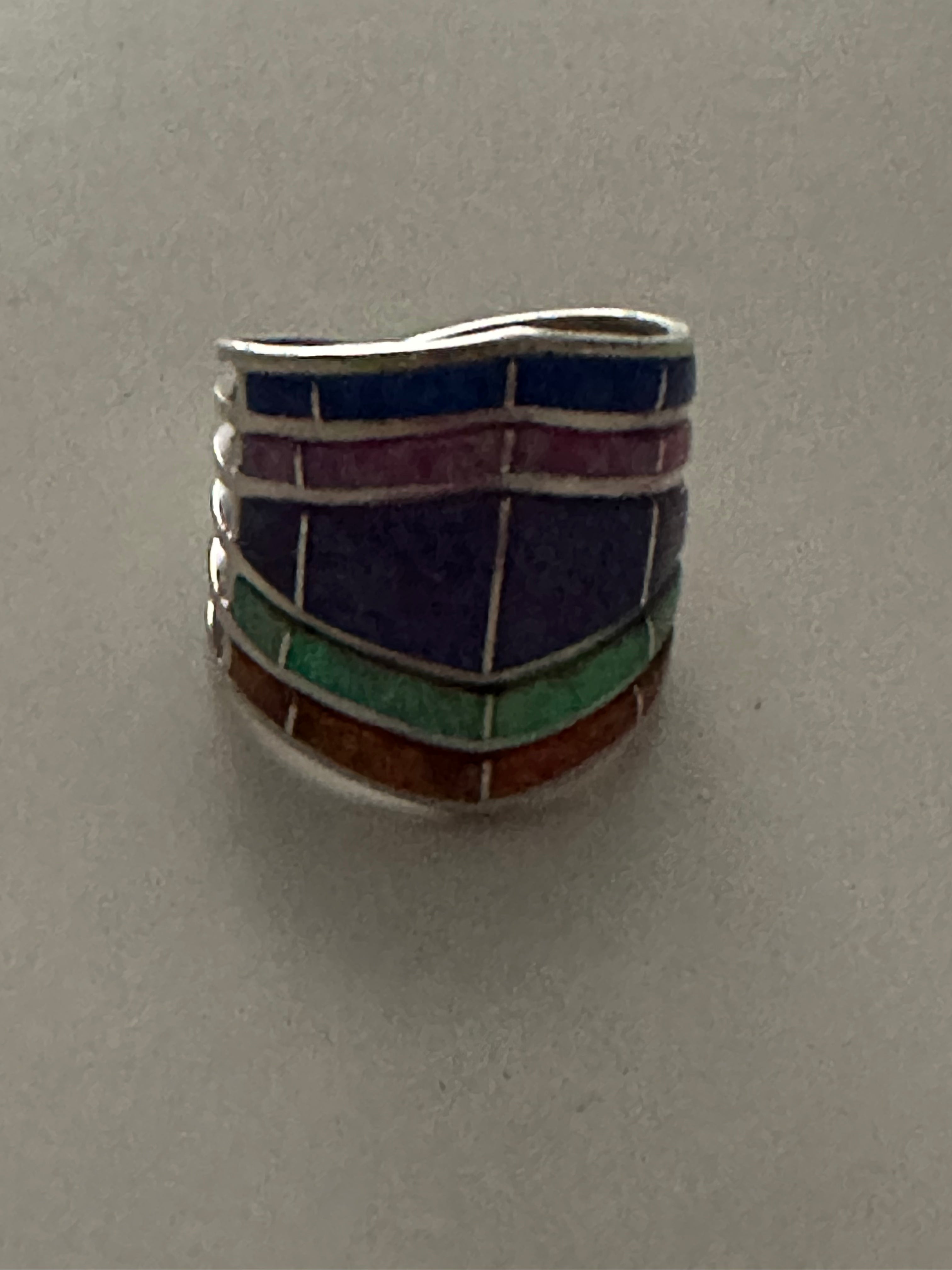 Zuni Sterling Silver Tri Color Opal Inlay  Stacker Ring