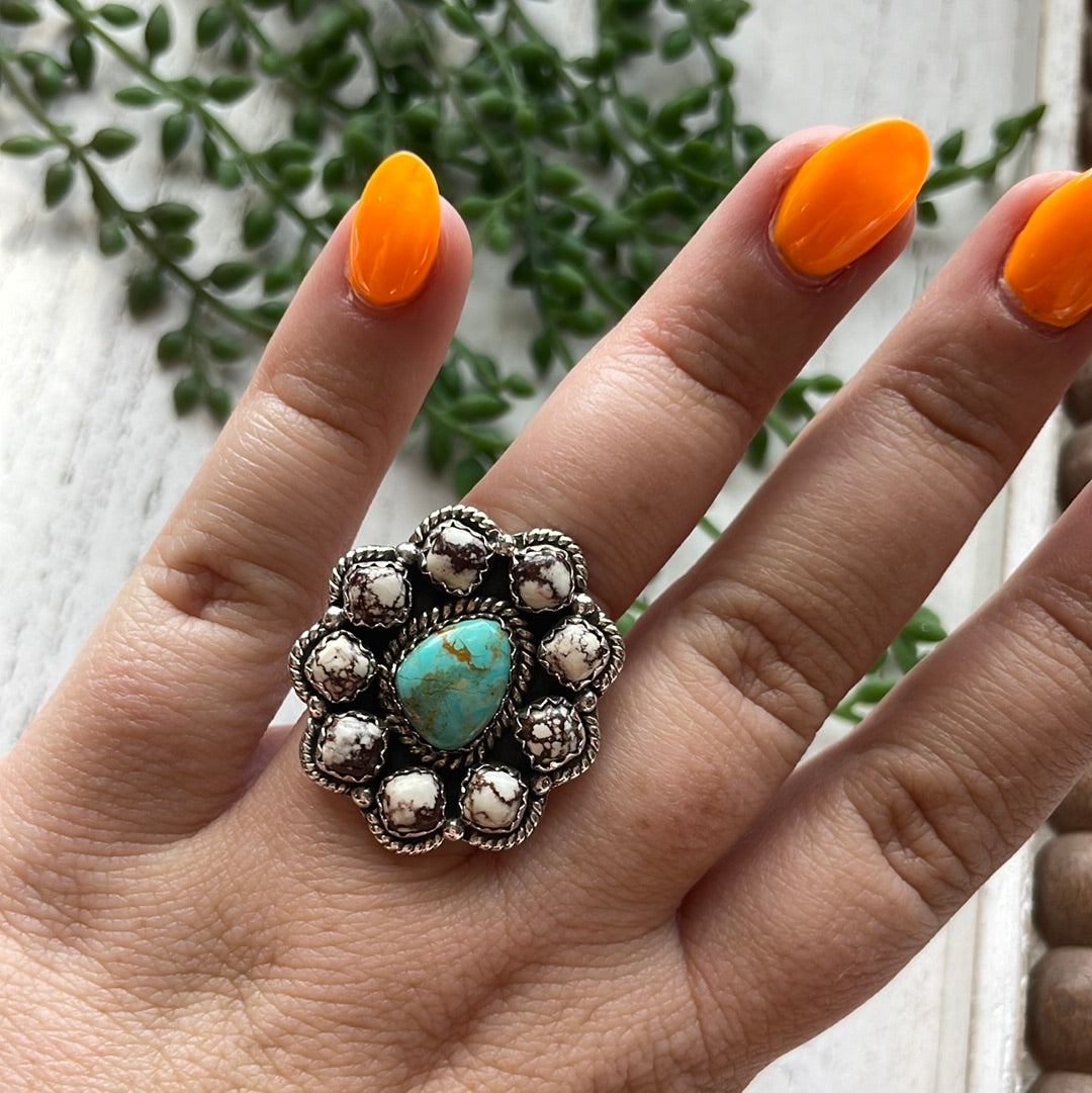 Nizhoni Handmade Turquoise, Wild Horse & Sterling Silver Adjustable Flower Ring