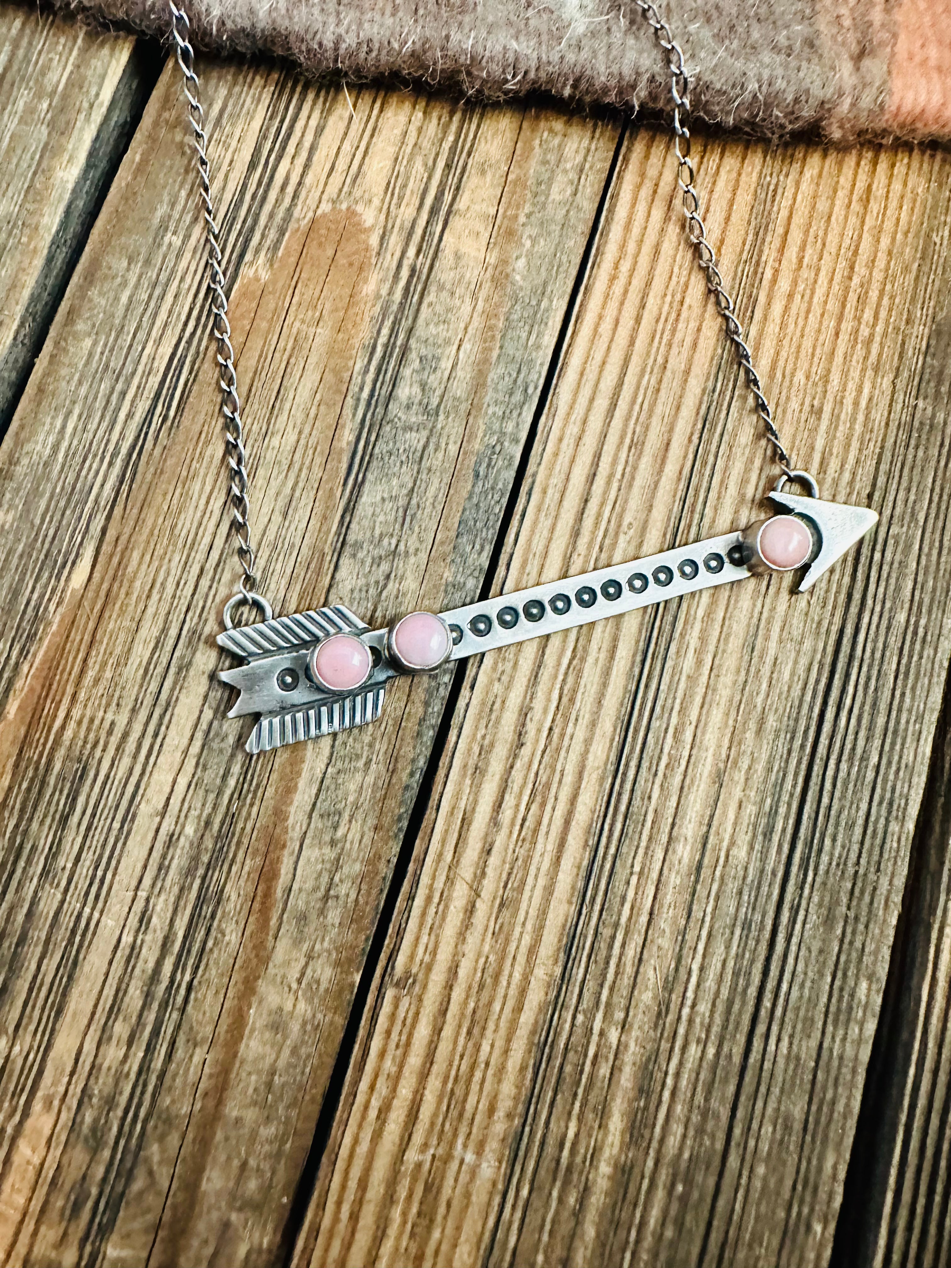 Navajo Sterling Silver & Queen Pink Conch Shell Arrow Necklace