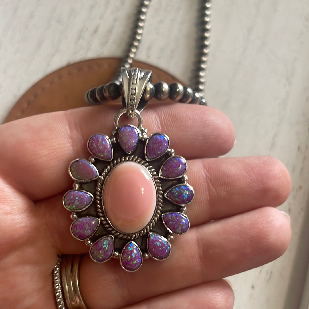 Handmade Pink Conch, Purple Fire Opal & Sterling Silver Oval Flower Pendant