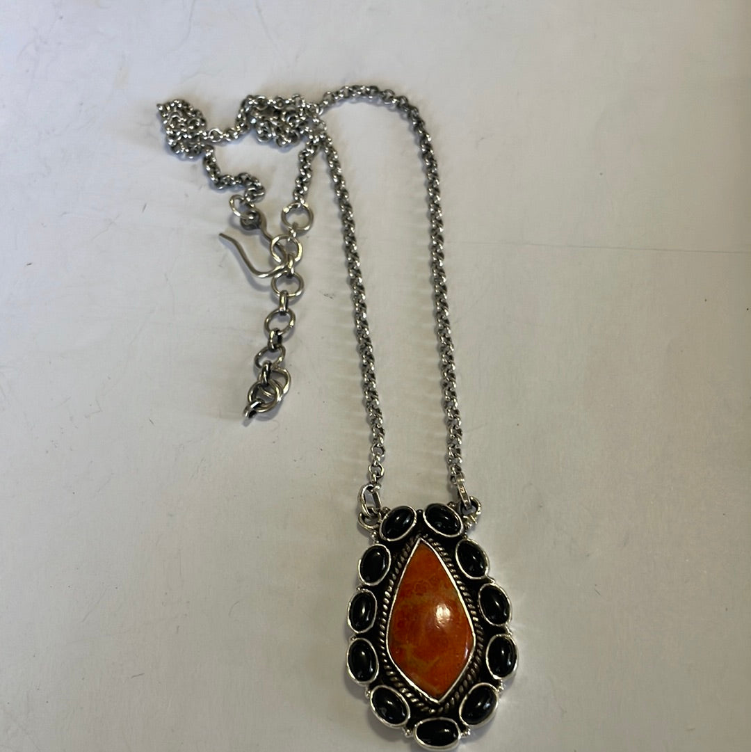 Handmade Sterling Silver, Onyx & Orange Mojave Necklace Signed Nizhoni