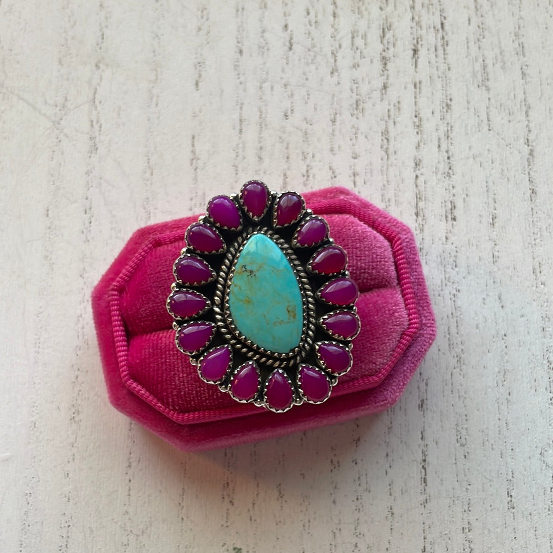 Handmade Pink Onyx & Turquoise Sterling Silver Adjustable Ring Signed Nizhoni