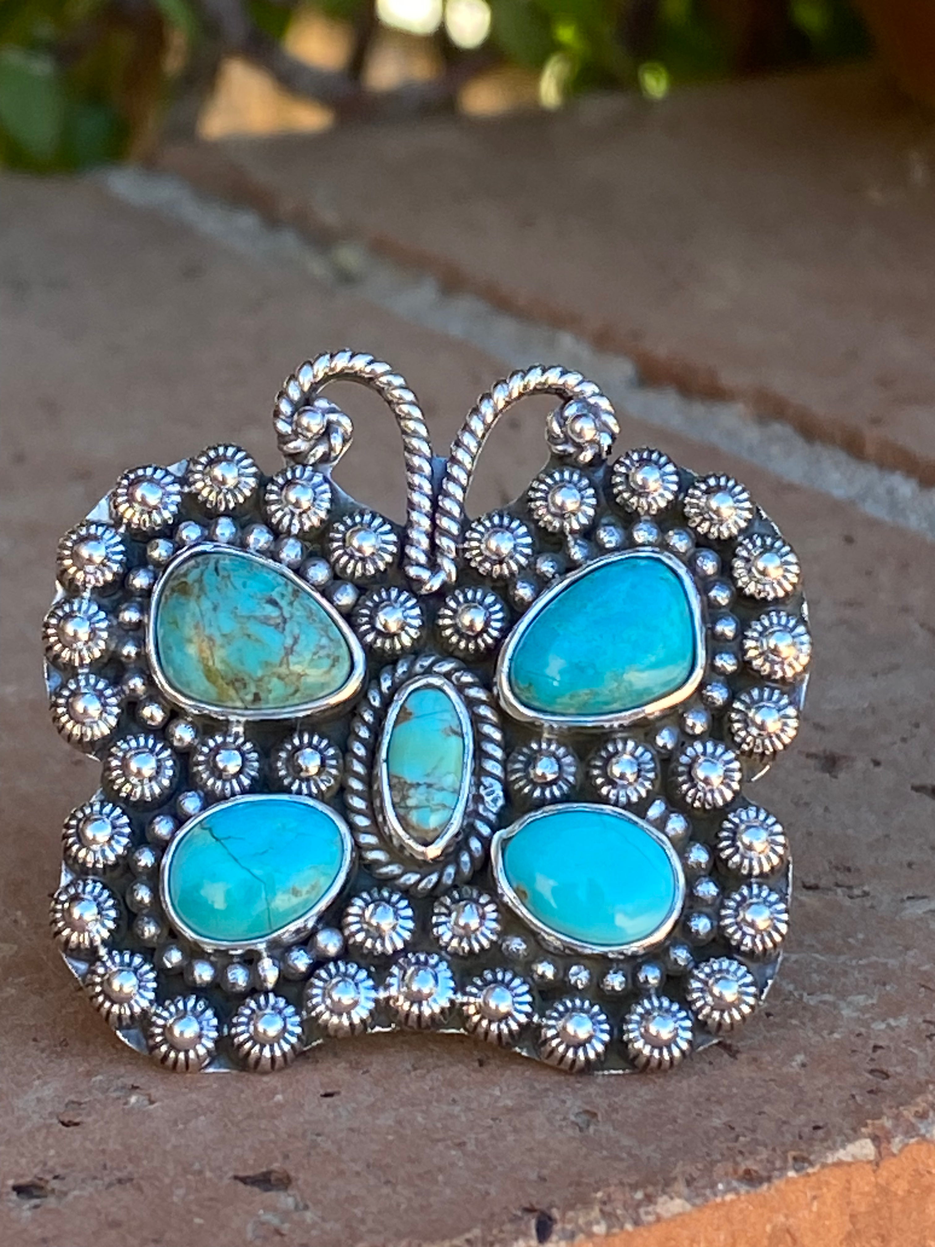 Handmade Butterfly Royston Turquoise & Sterling Adjustable