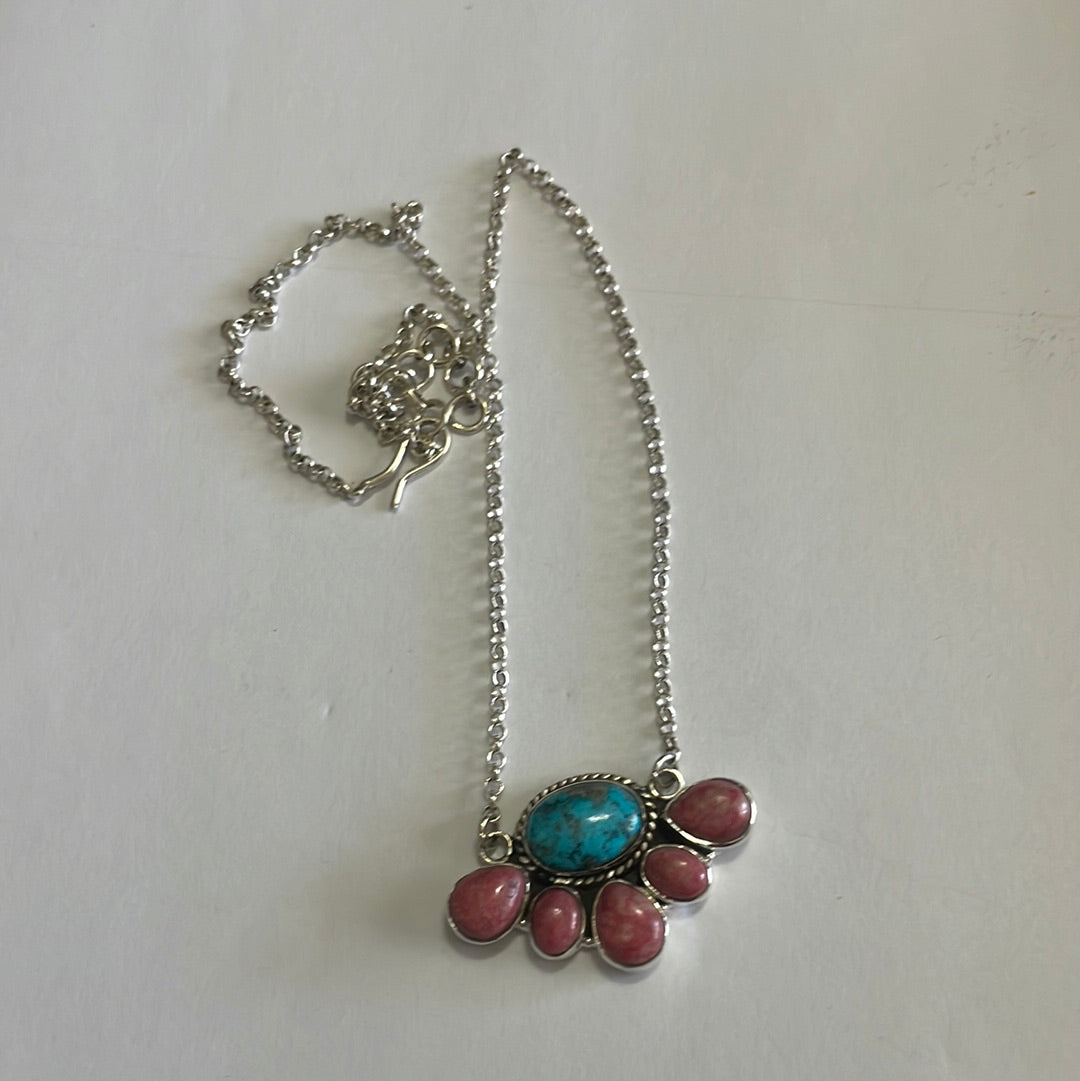 Handmade Sterling Silver, Rhodonite & Turquoise Necklace