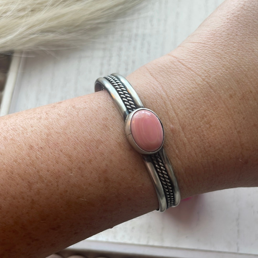 Navajo Pink Conch & Sterling Silver Adjustable Cuff Bracelet Signed