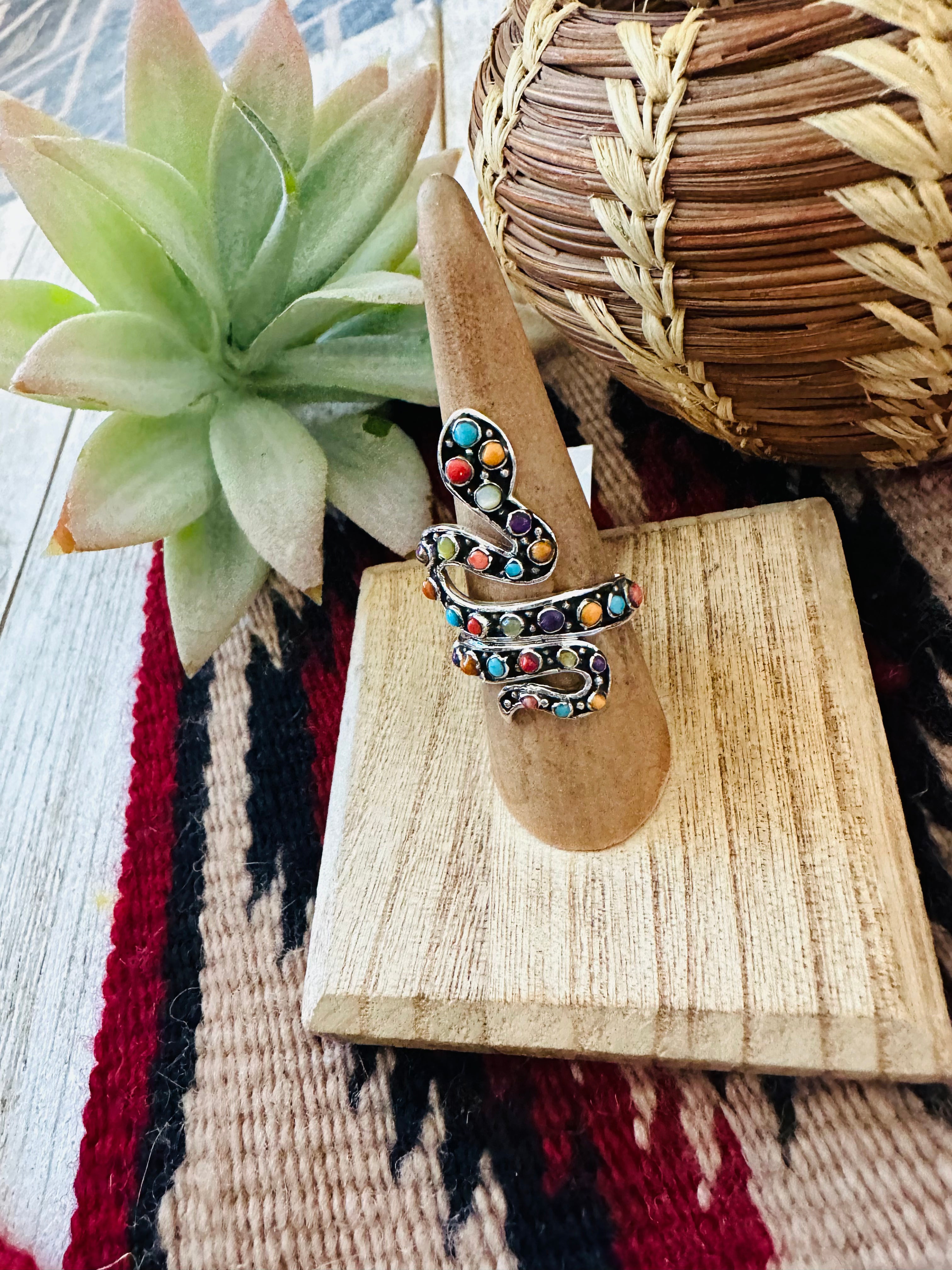 Handmade Multi Stone and Sterling Silver Snake Ring