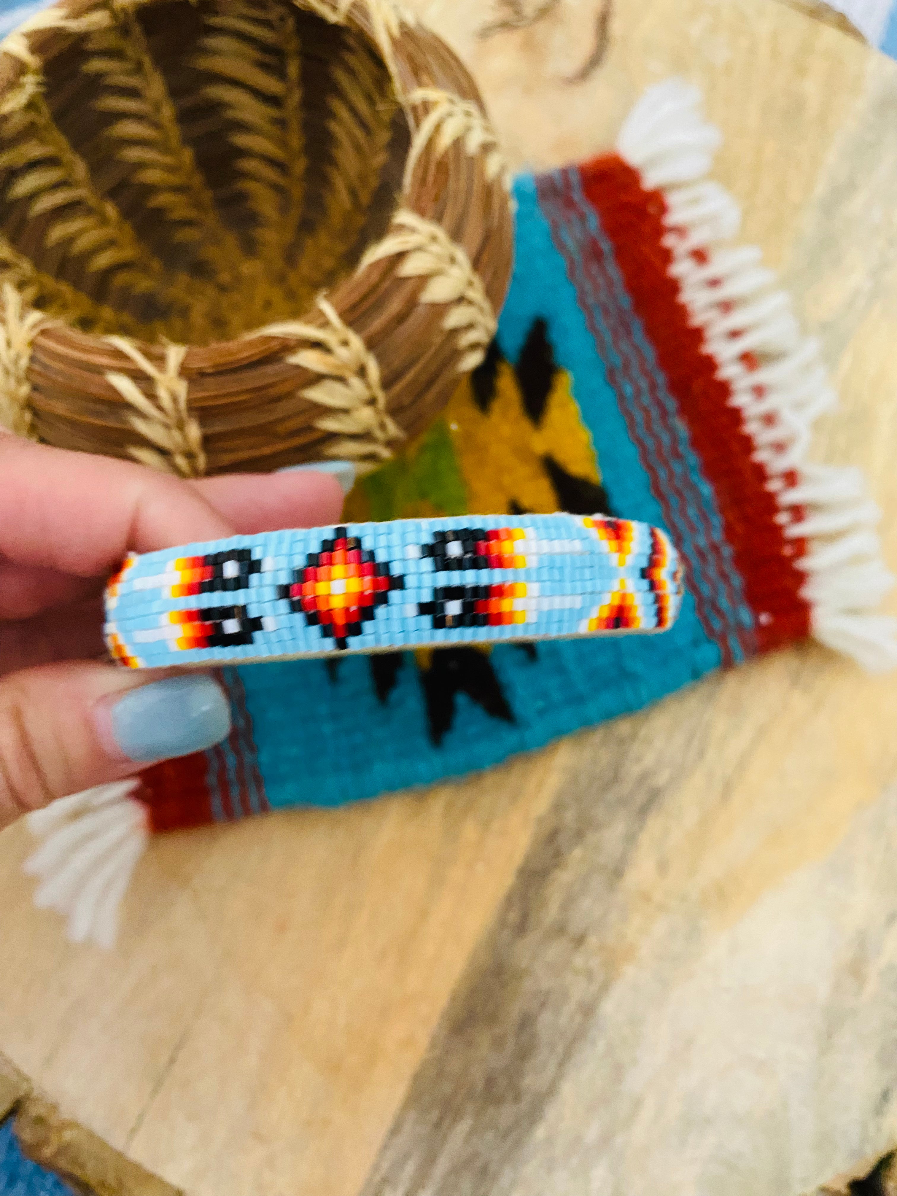 Navajo Made Beaded Leather Bangle Bracelet