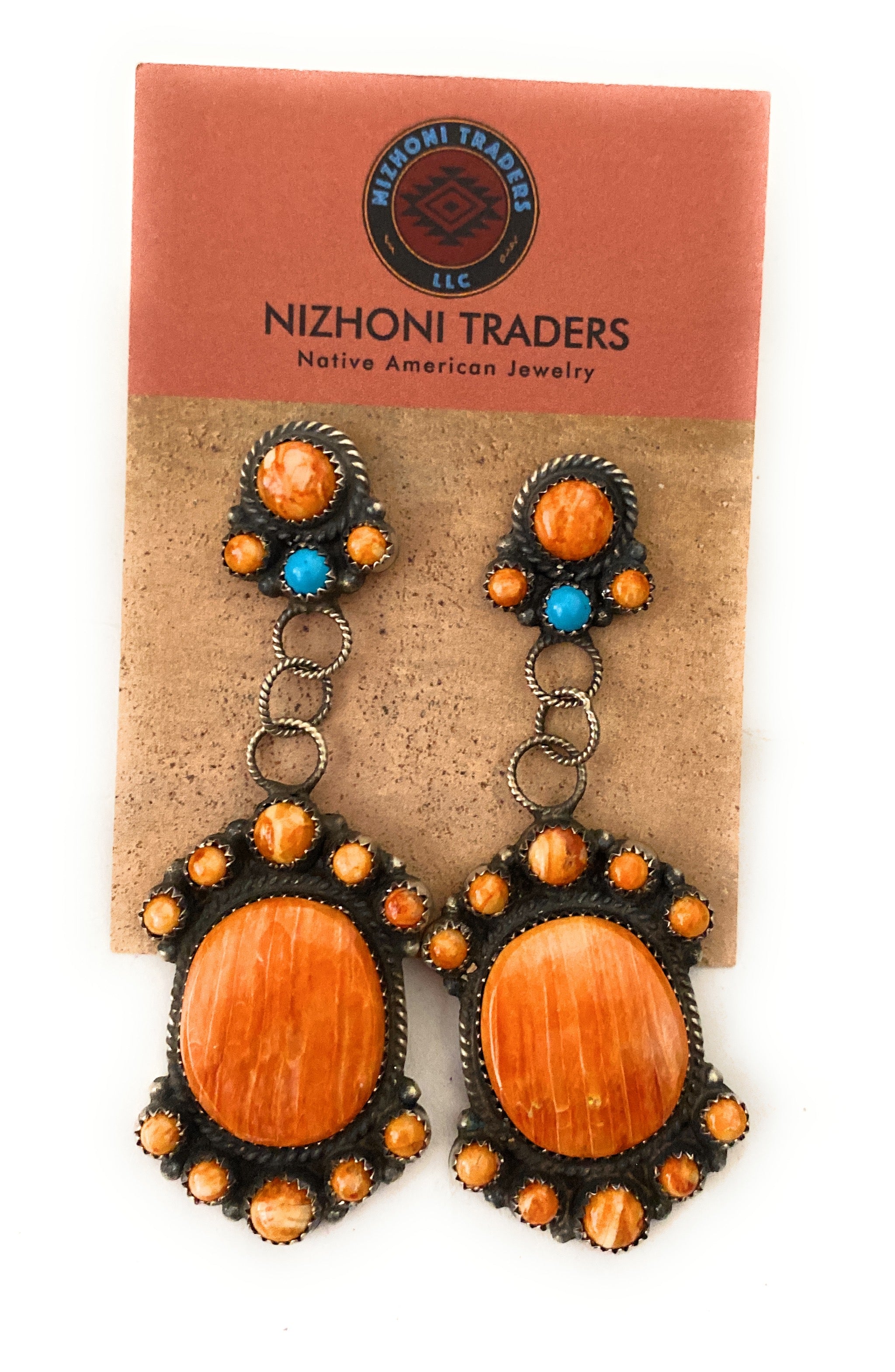 Navajo Sterling Silver, Orange Spiny & Turquoise Dangle Earrings