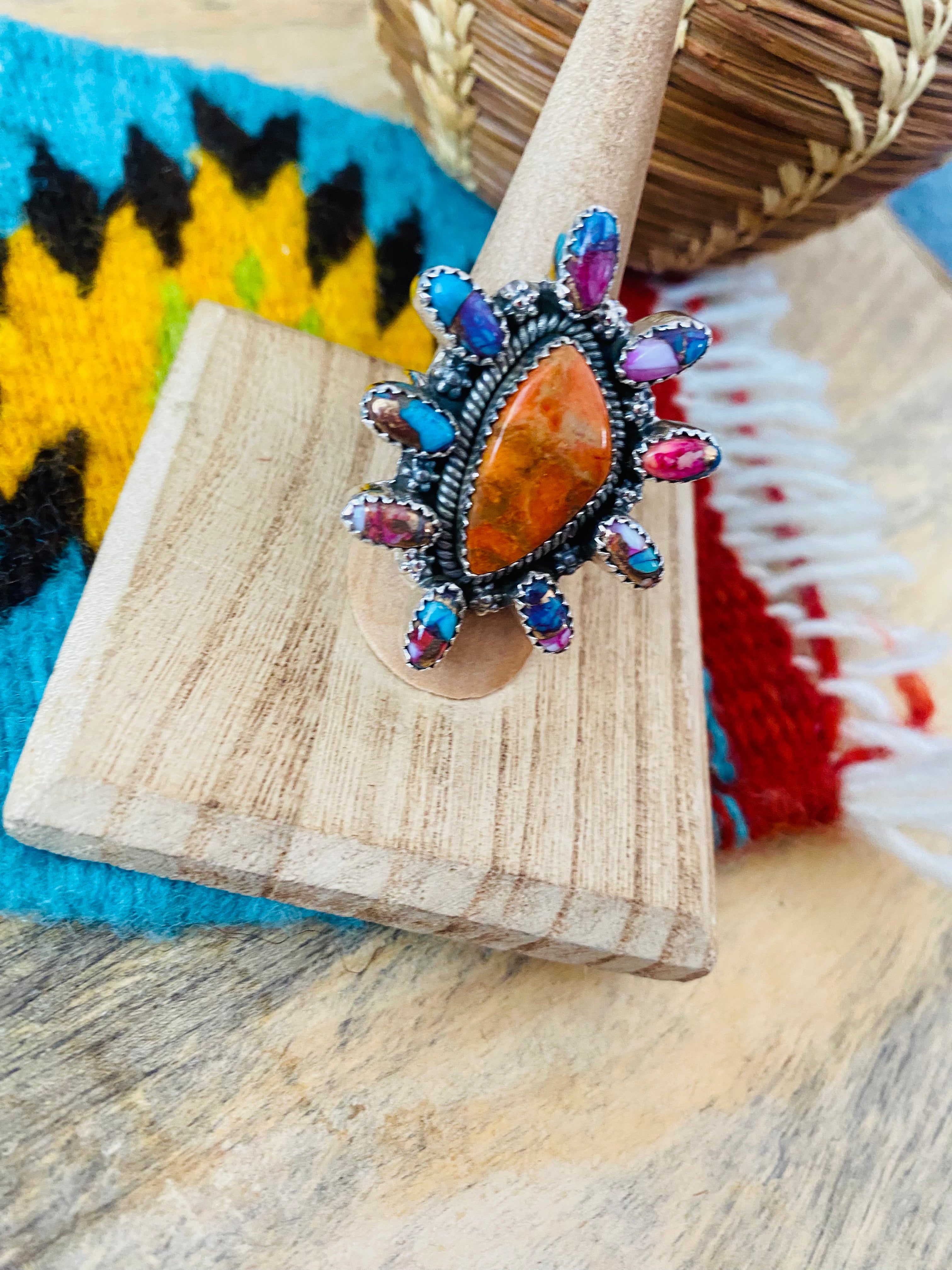 Handmade Sterling Silver, Pink Dream & Orange Mojave Cluster Adjustable Ring