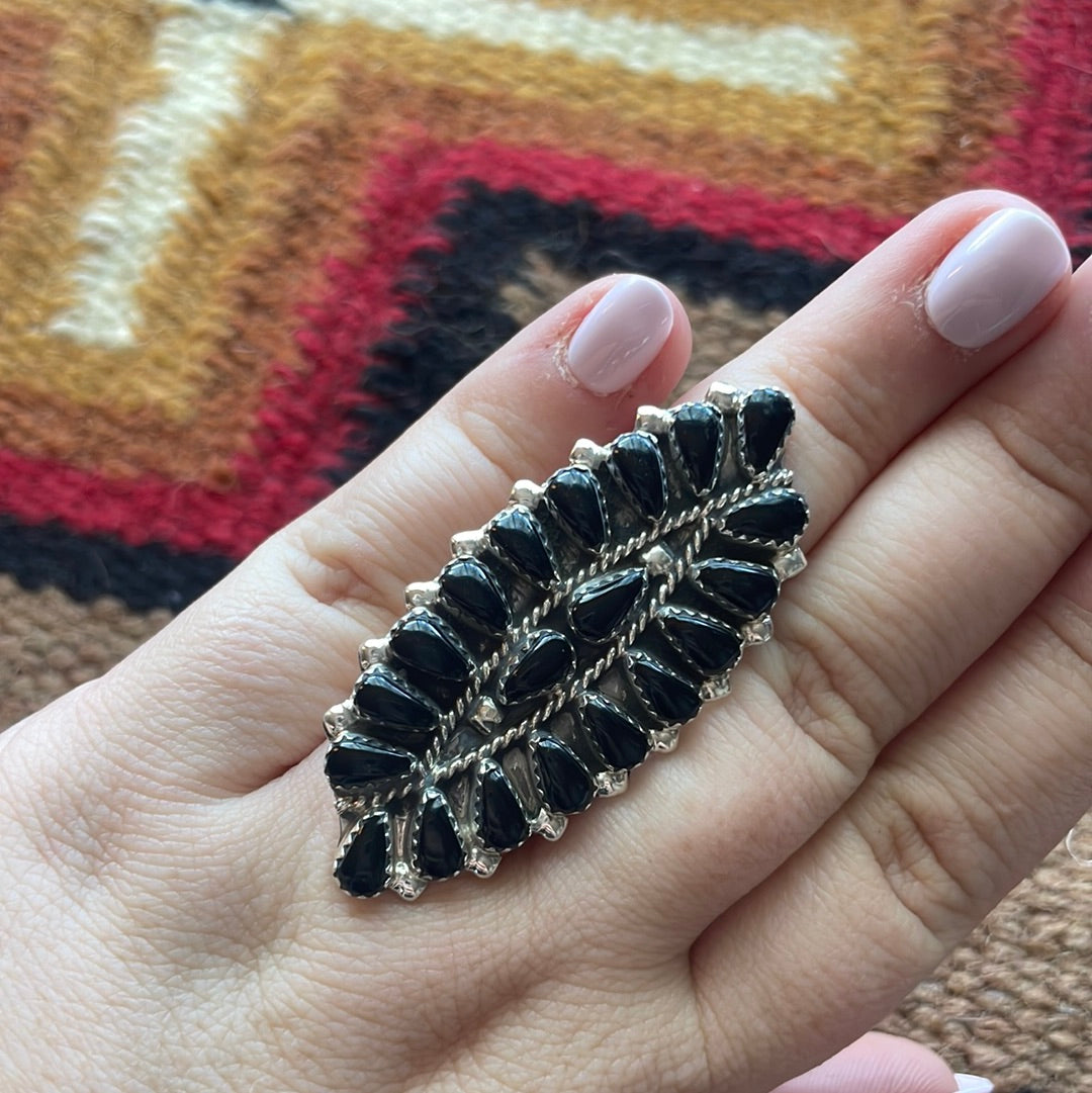 Navajo Sterling Silver & Black Onyx Cluster Ring Size 9