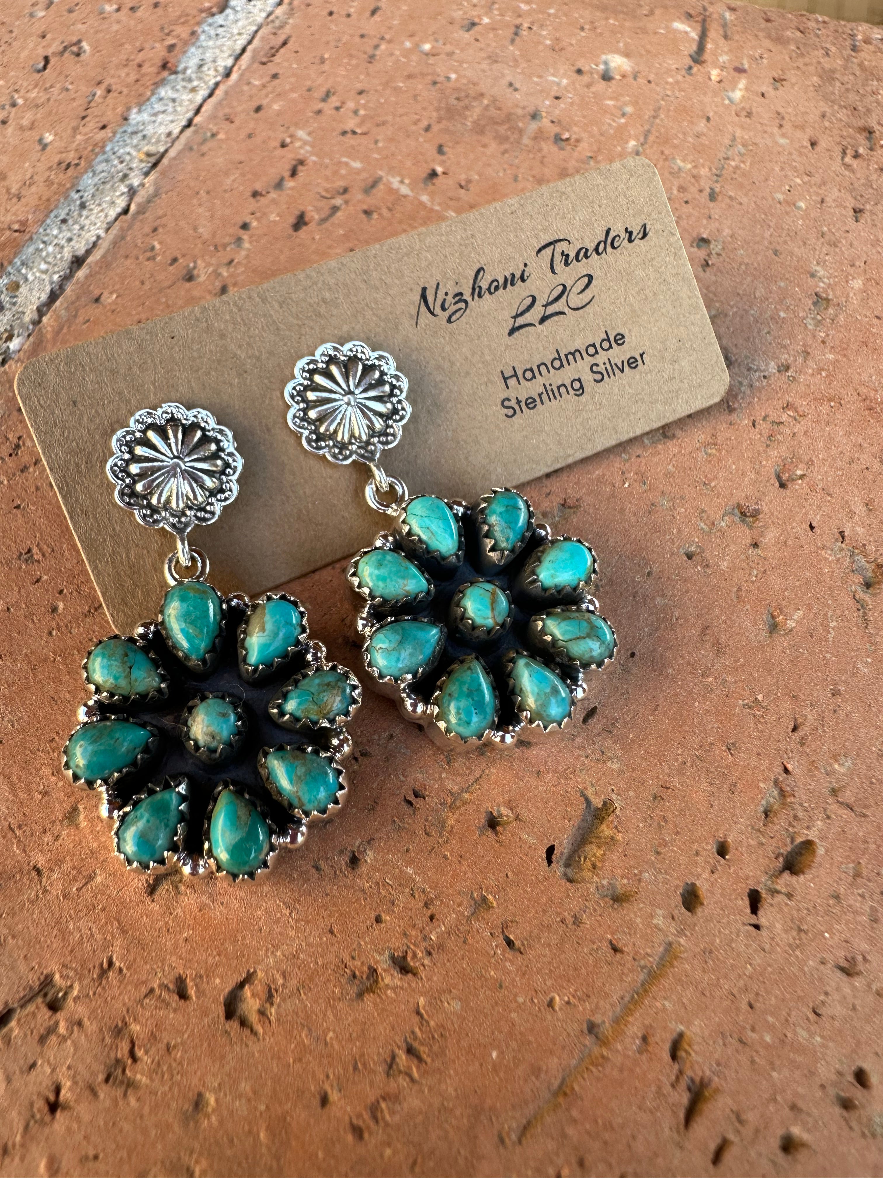 Handmade Royston Turquoise Concho Post Dangle Earrings