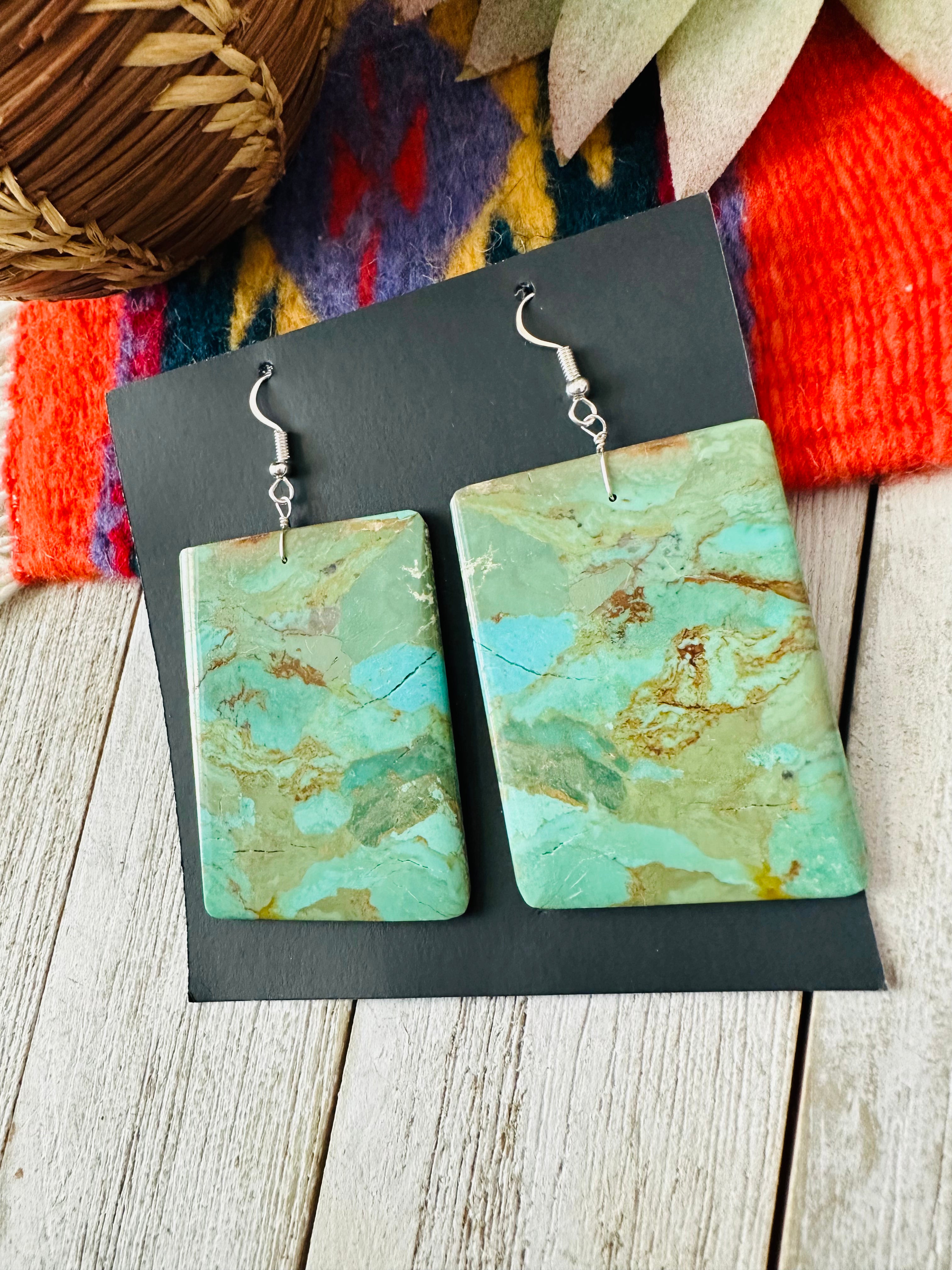 Navajo Sterling Silver & Turquoise Slab Dangle Earrings