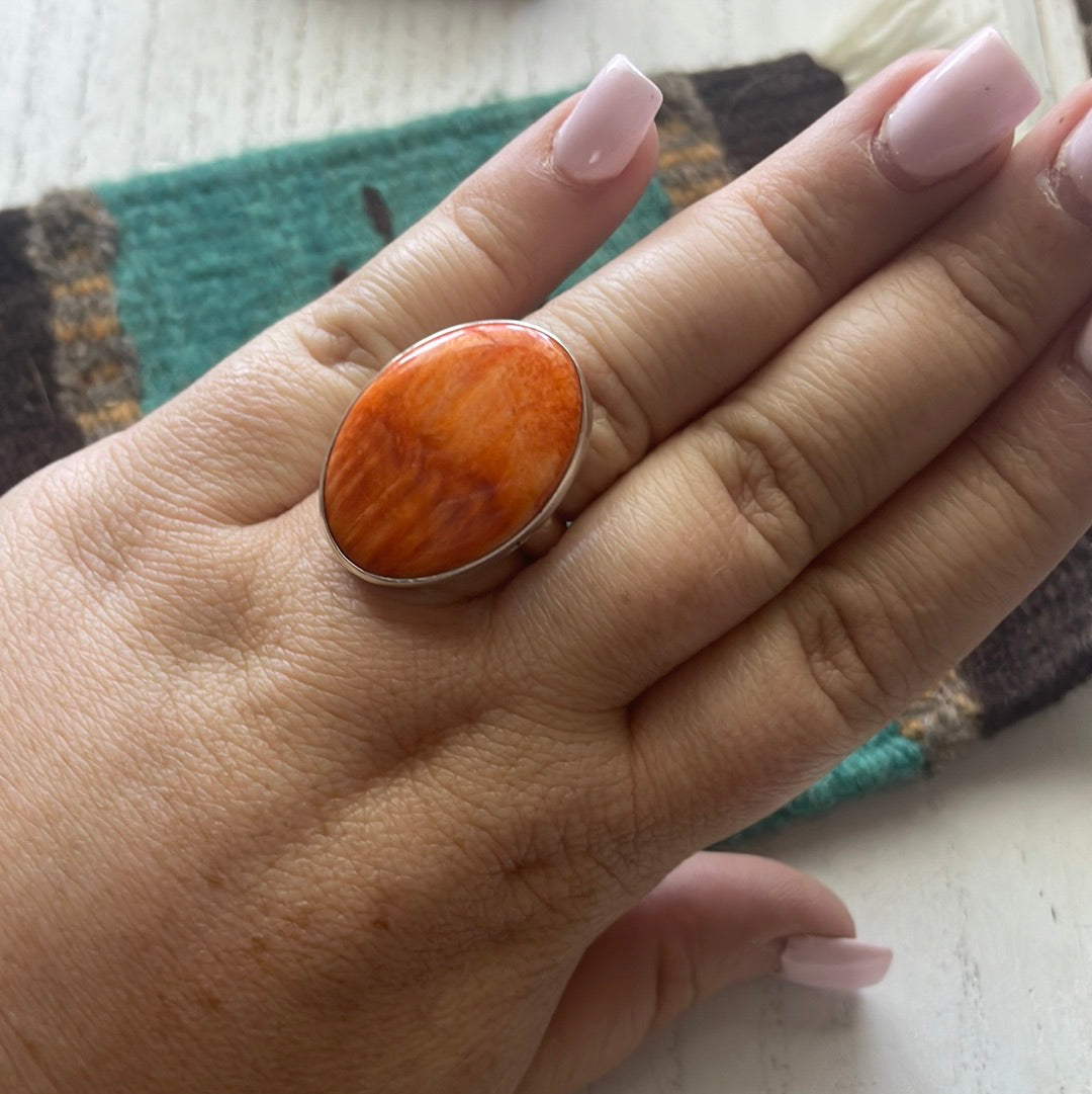 Navajo Sterling Silver & Orange Spiny Ring Size 7.5