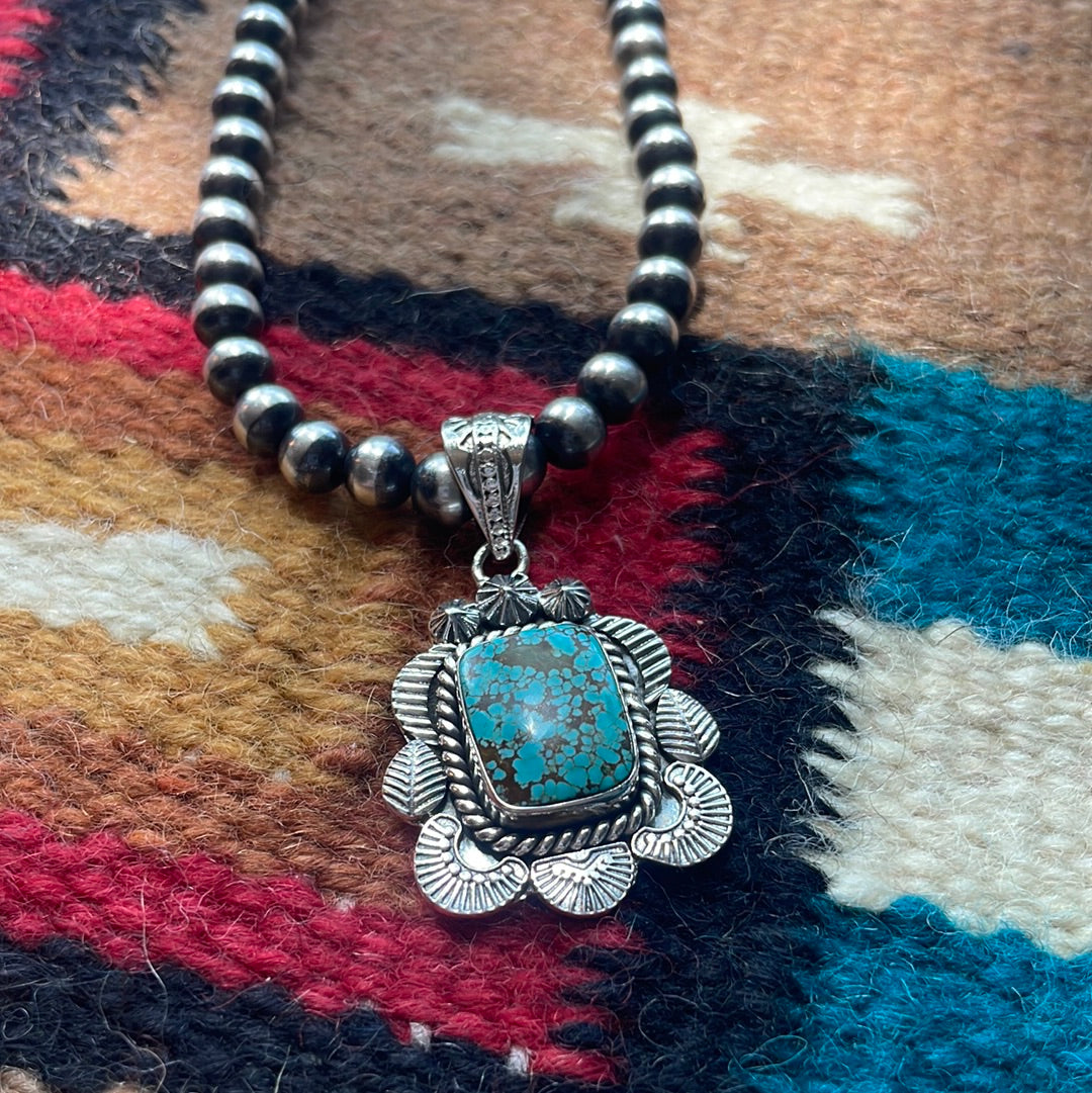 Handmade Sterling Silver & Number 8 Turquoise Pendant Signed Nizhoni