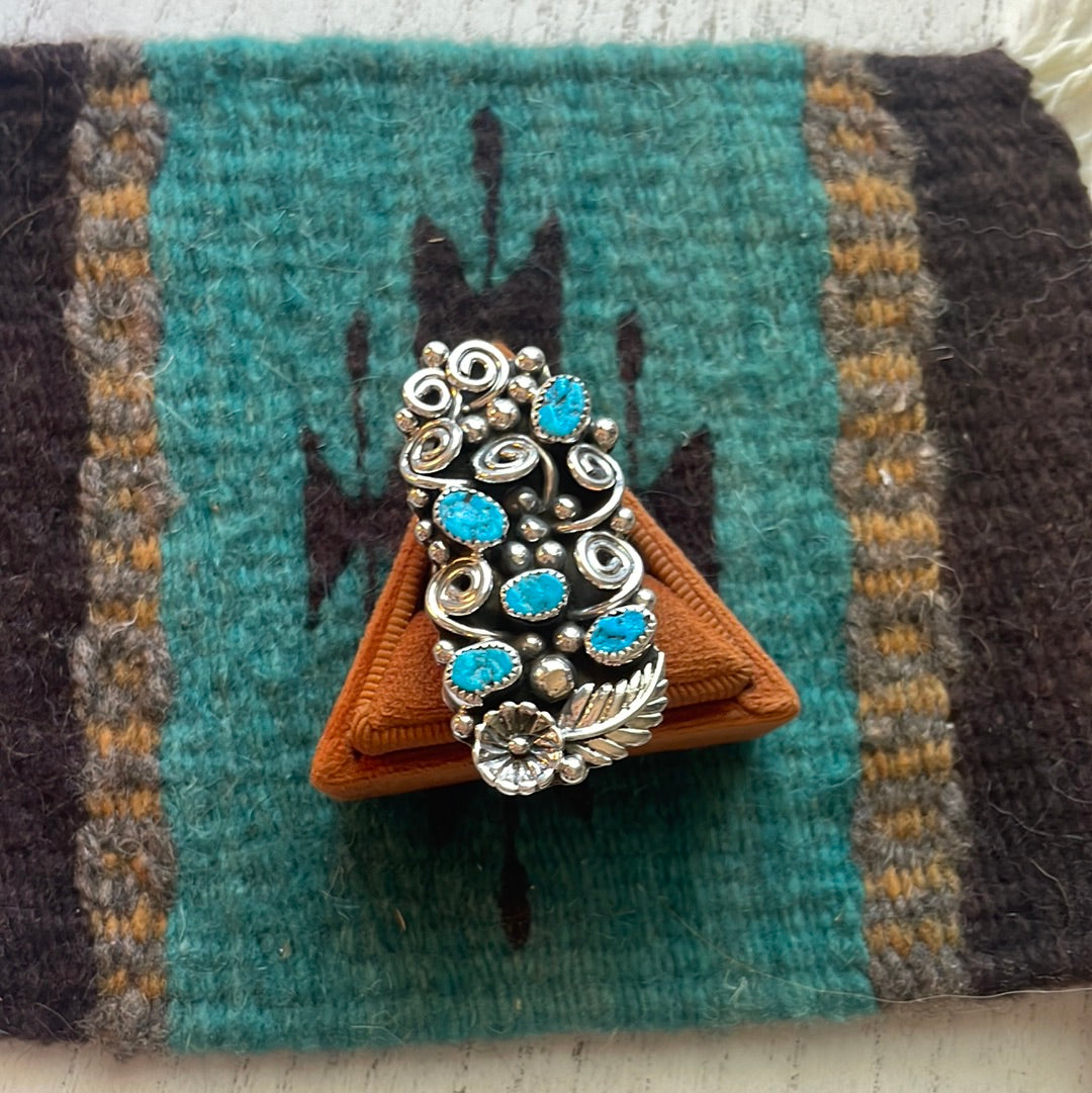 Navajo Sterling Silver & Turquoise Flower Ring Size 11.5