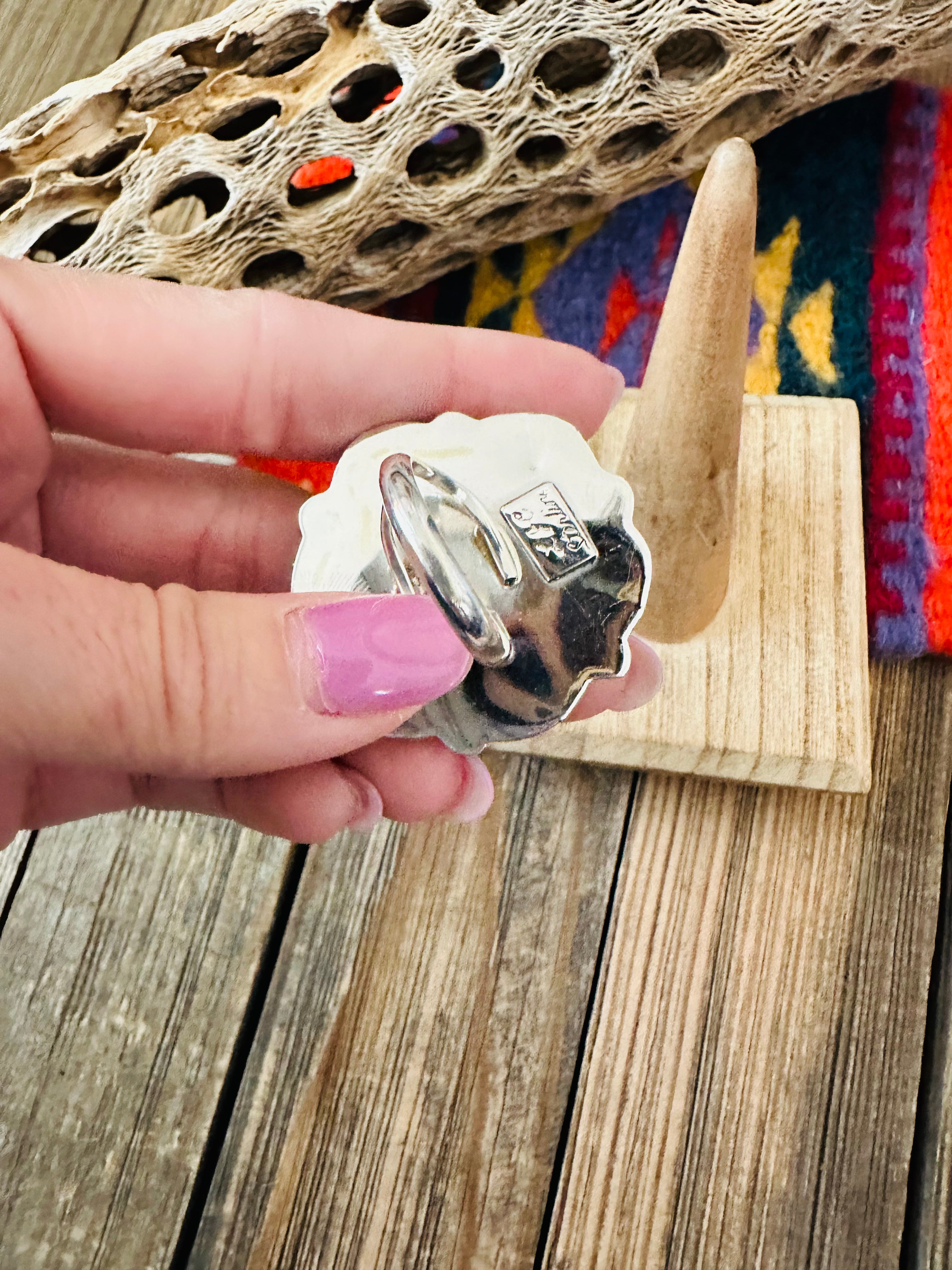 Navajo Sterling Silver And White Buffalo Cluster Adjustable Ring