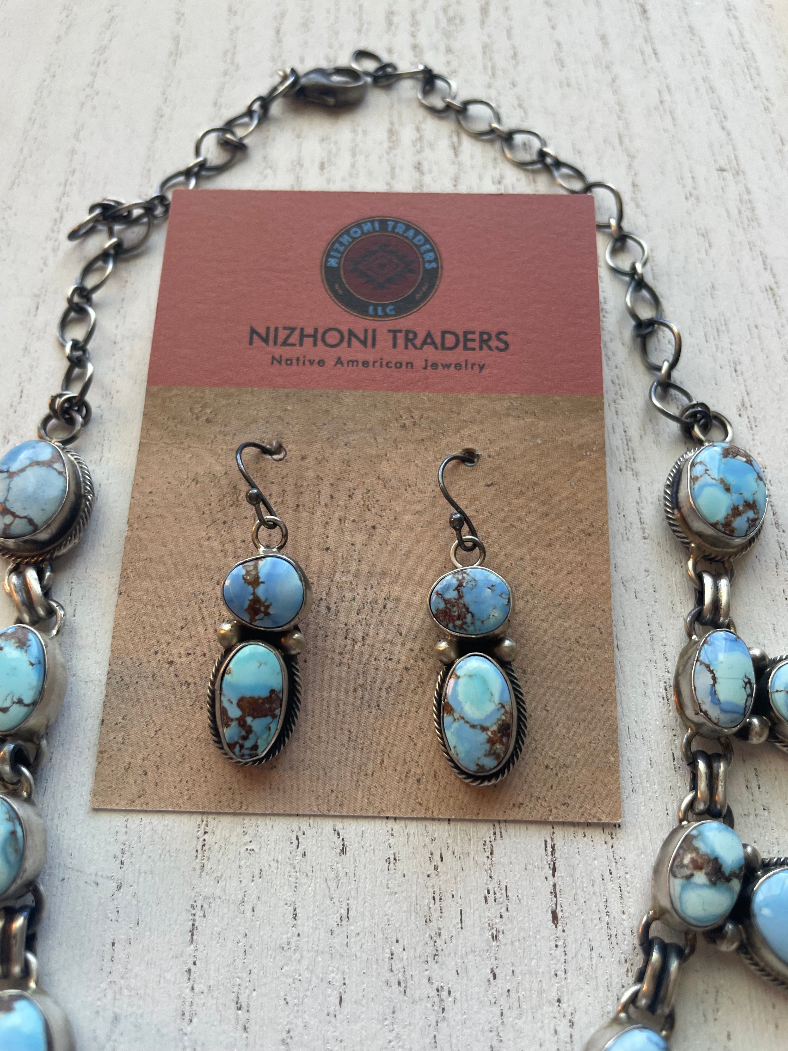 Paul Livingston Navajo Golden Hills Turquoise & Sterling Necklace Earring Set