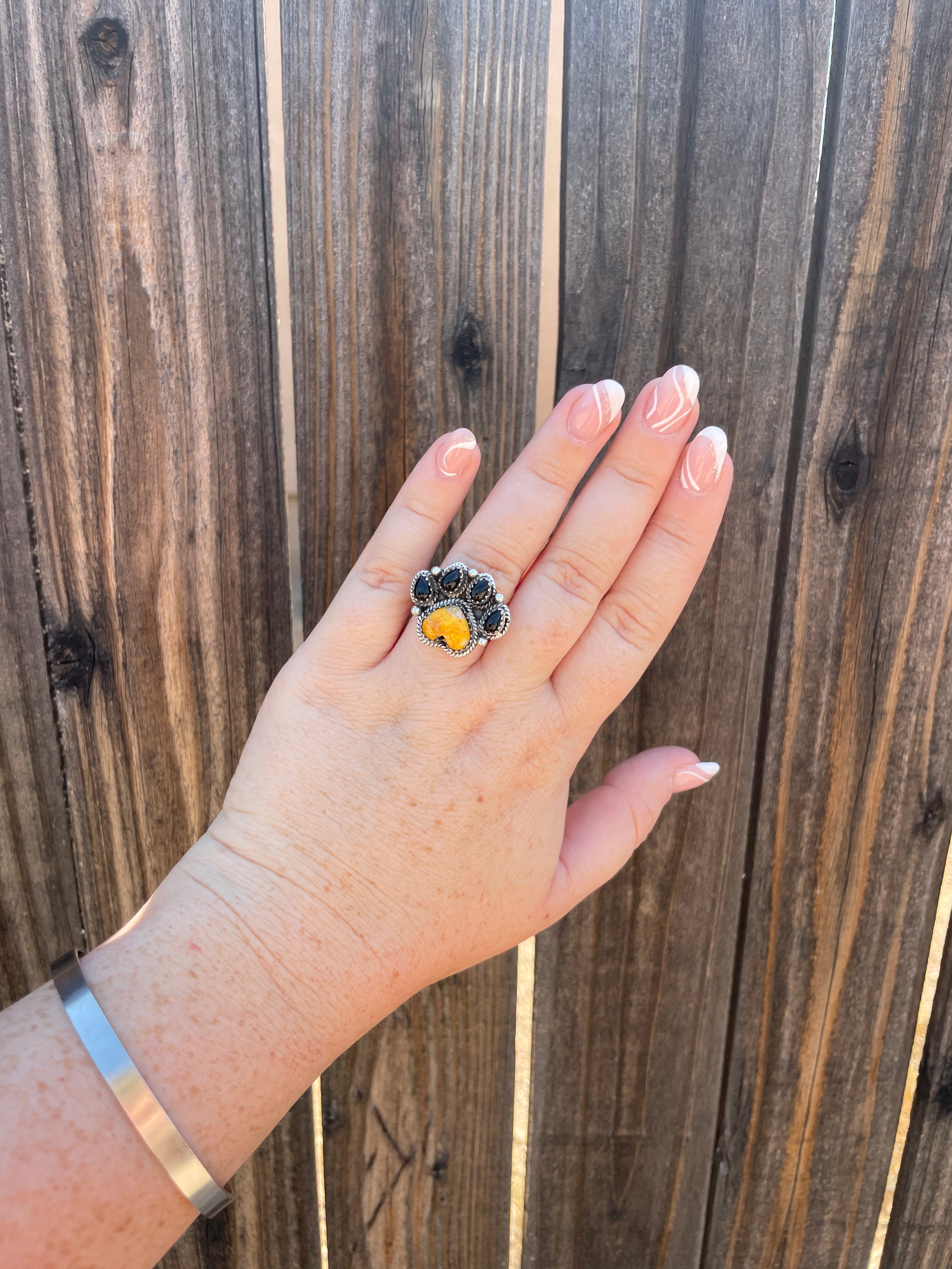 Handmade Bear Paw Black Onyx, Bumble Bee  & Sterling Silver Adjustable Ring