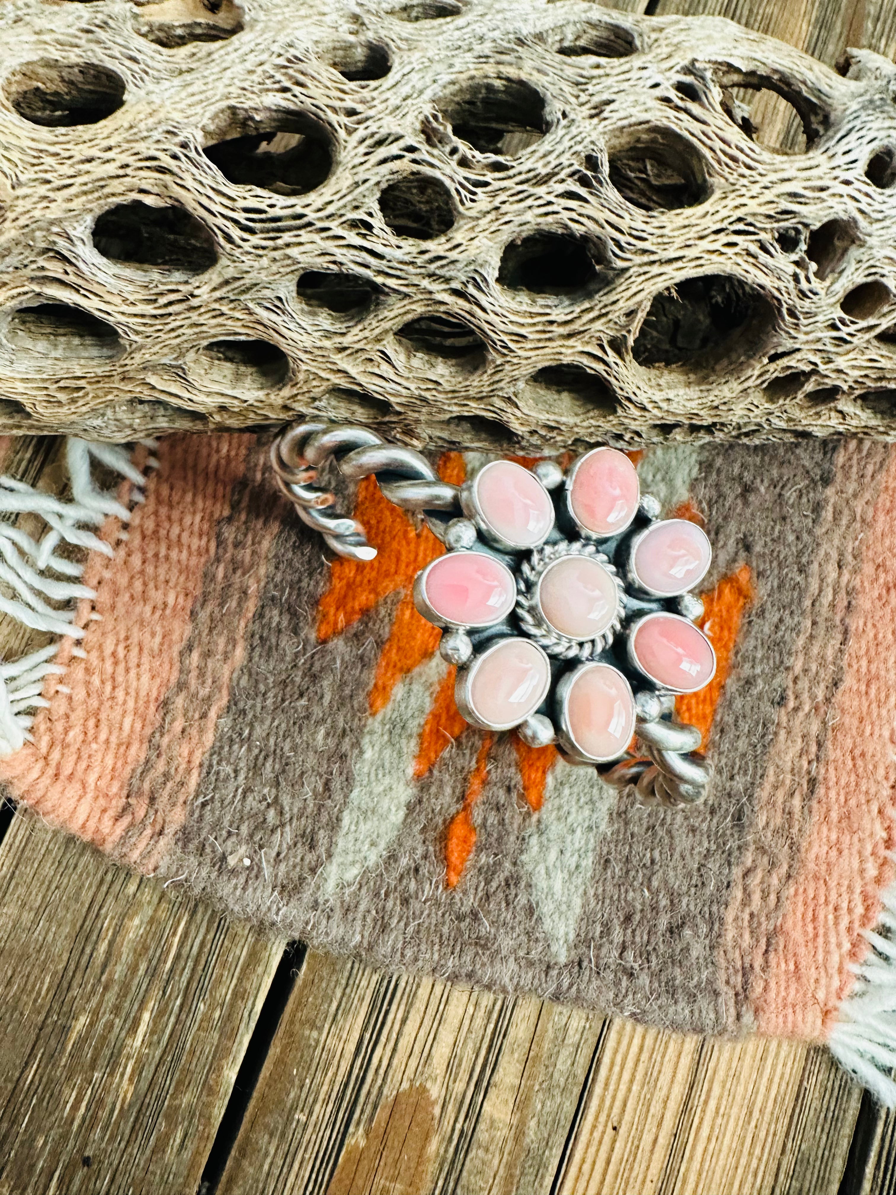 Navajo Queen Pink Conch Shell & Sterling Silver Cluster Cuff Bracelet