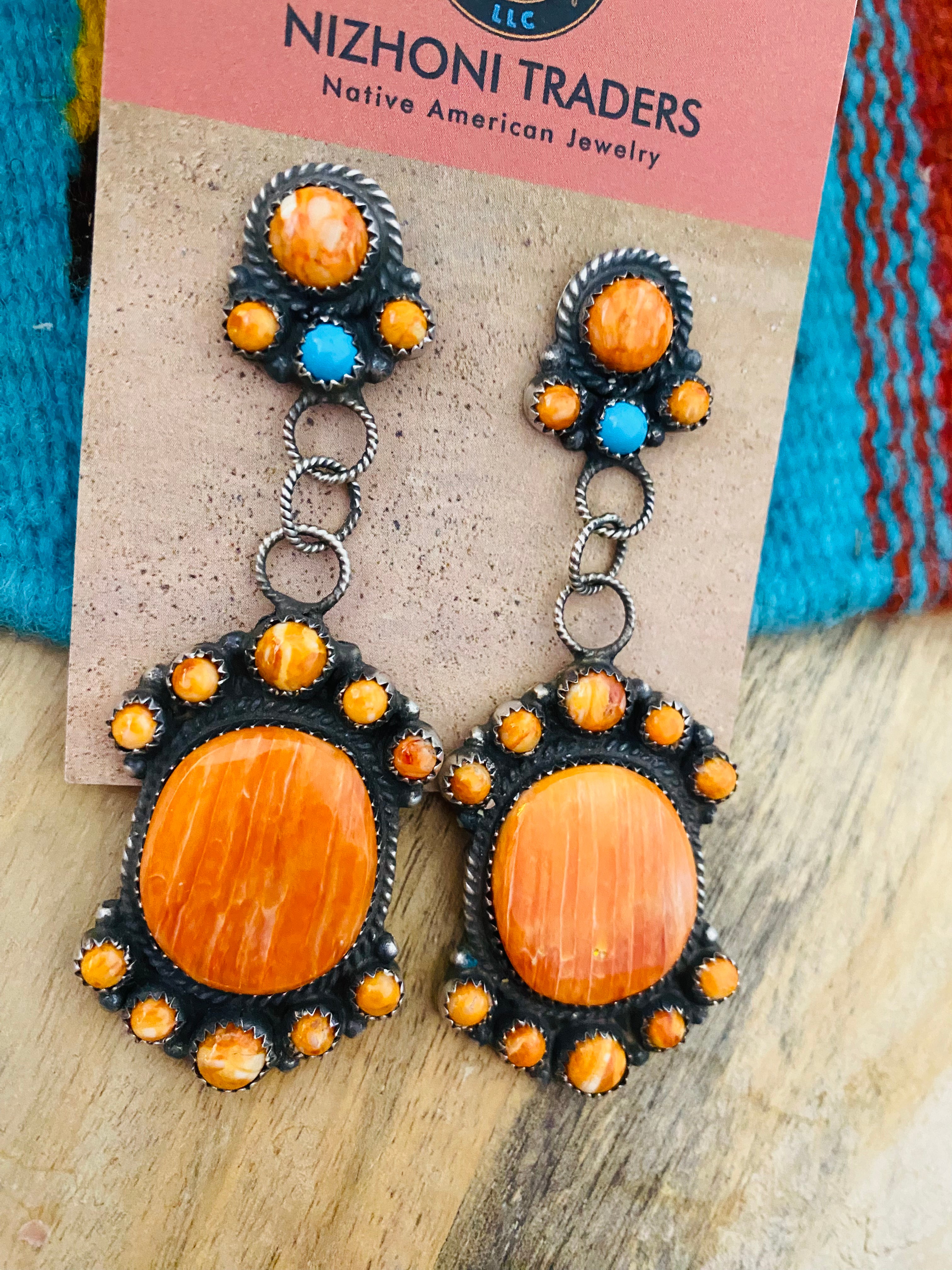 Navajo Sterling Silver, Orange Spiny & Turquoise Dangle Earrings