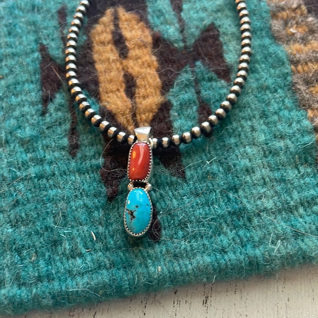 Navajo Sterling Silver, Coral & Turquoise 2 Stone Pendant