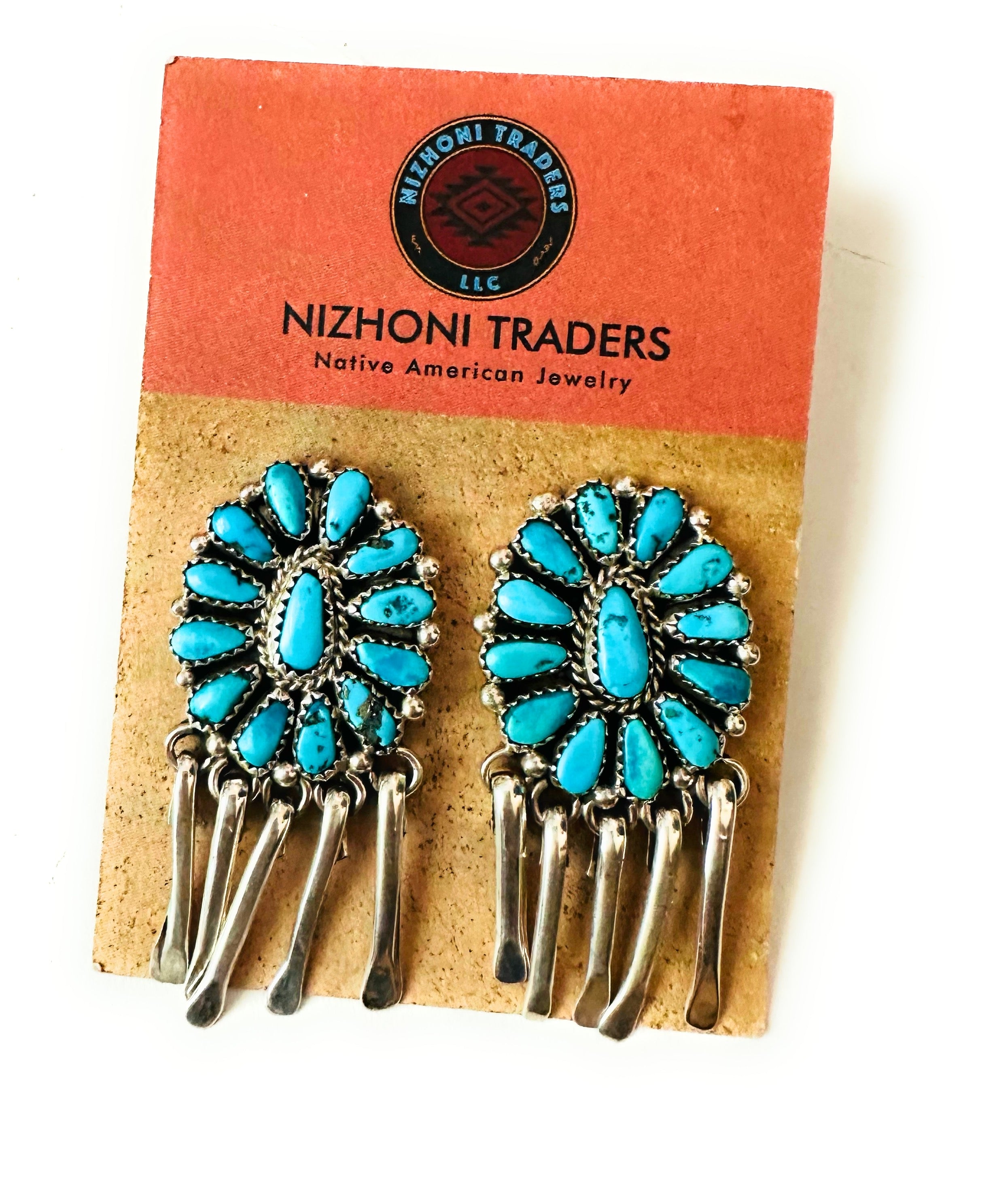 Navajo Sterling Silver & Turquoise Cluster Dangle Earrings