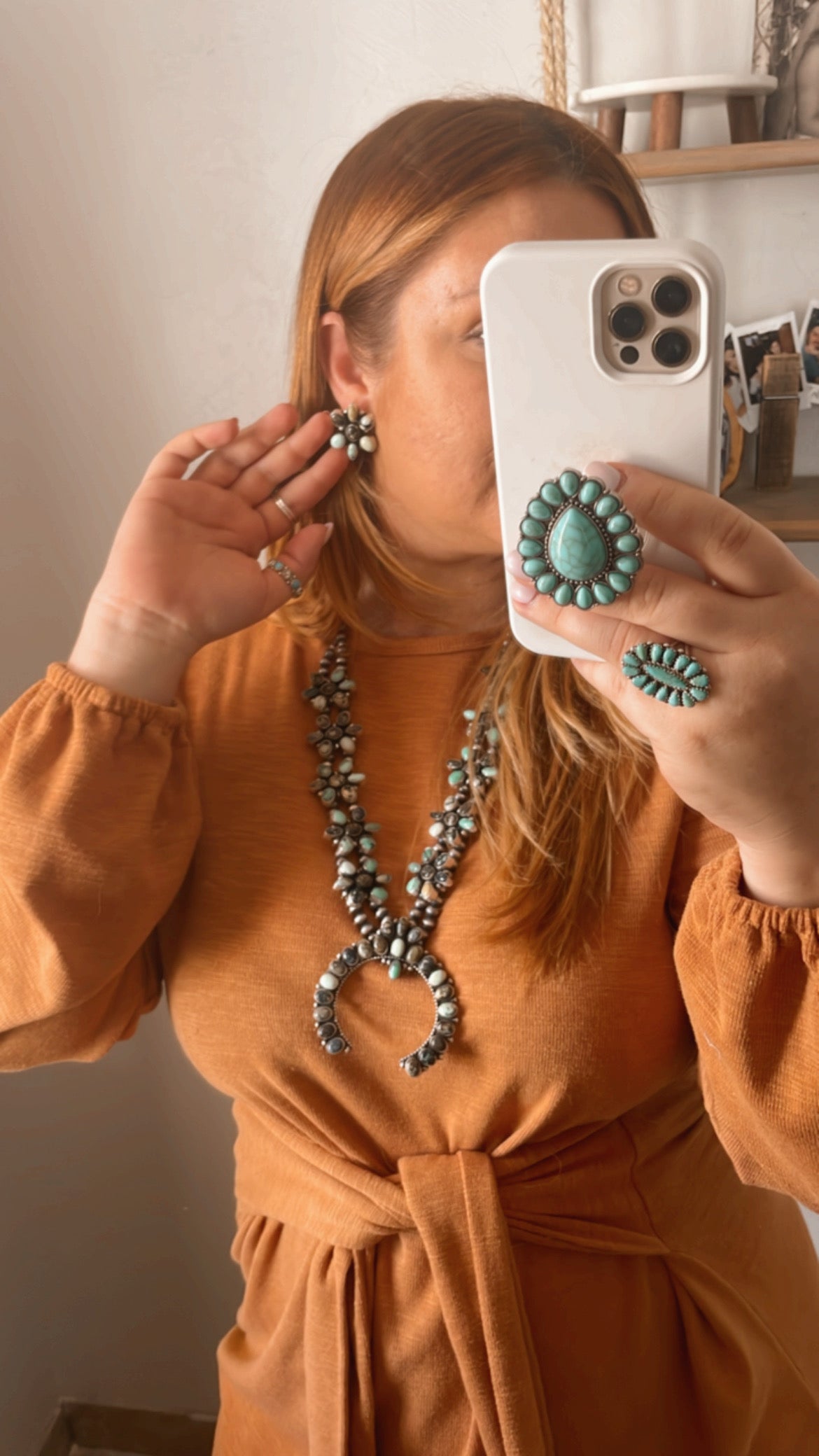 Beautiful Navajo Sterling Silver Tibetan Turquoise Squash Blossom Necklace & Earring Set Signed B Yellowhorse