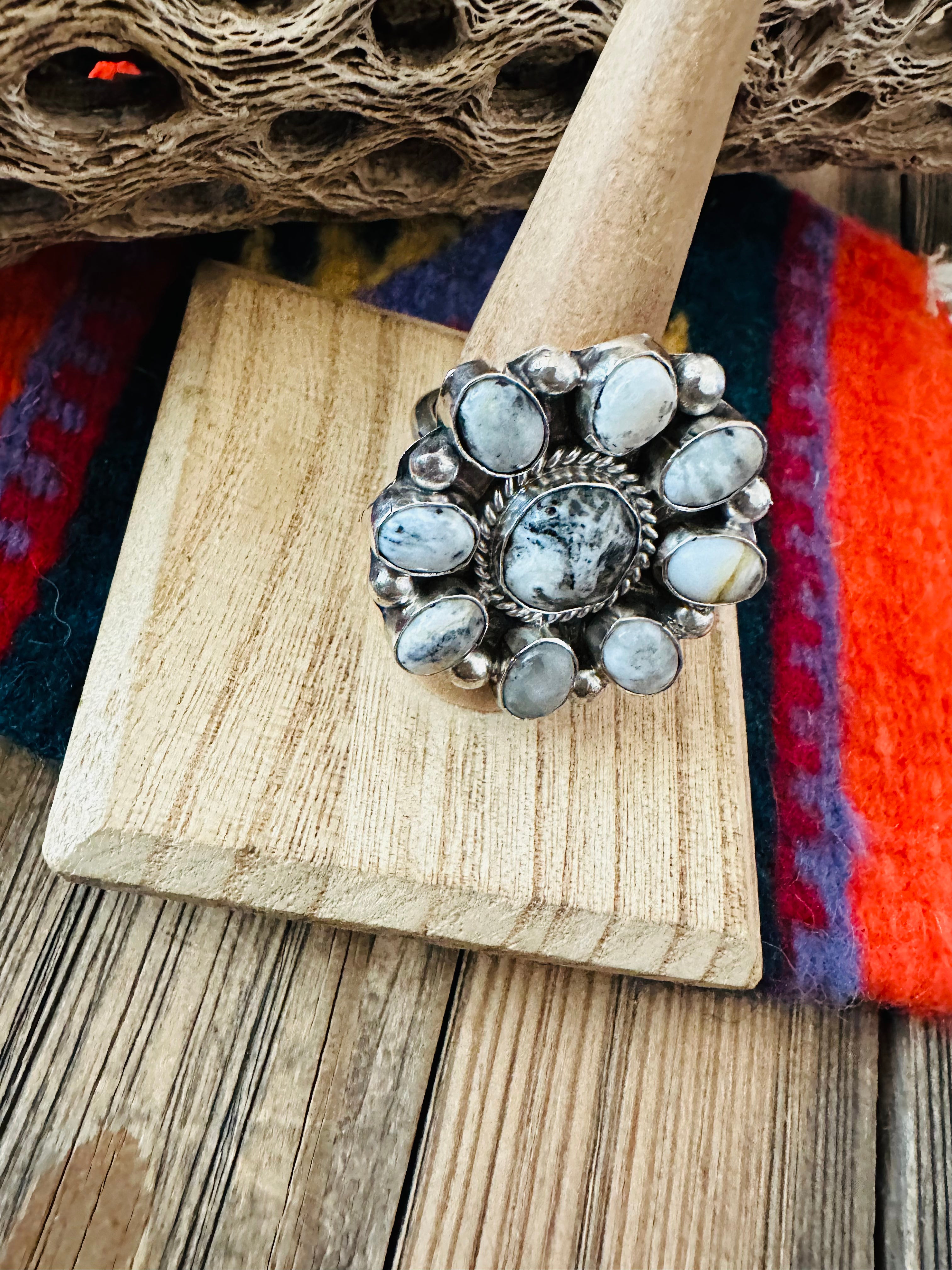 Navajo Sterling Silver And White Buffalo Cluster Adjustable Ring