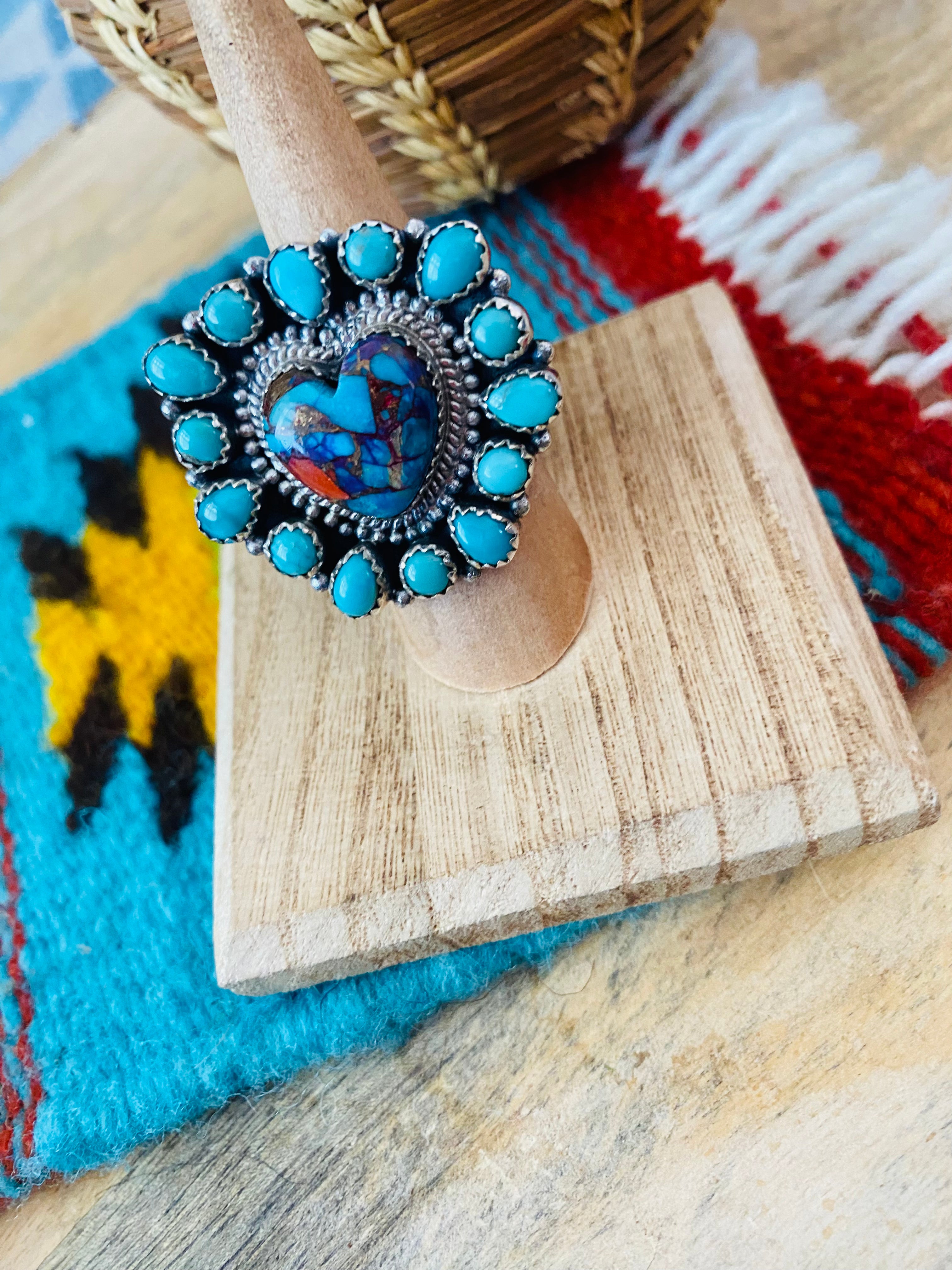 Handmade Sterling Silver, Pink Dream & Turquoise Heart Adjustable Ring