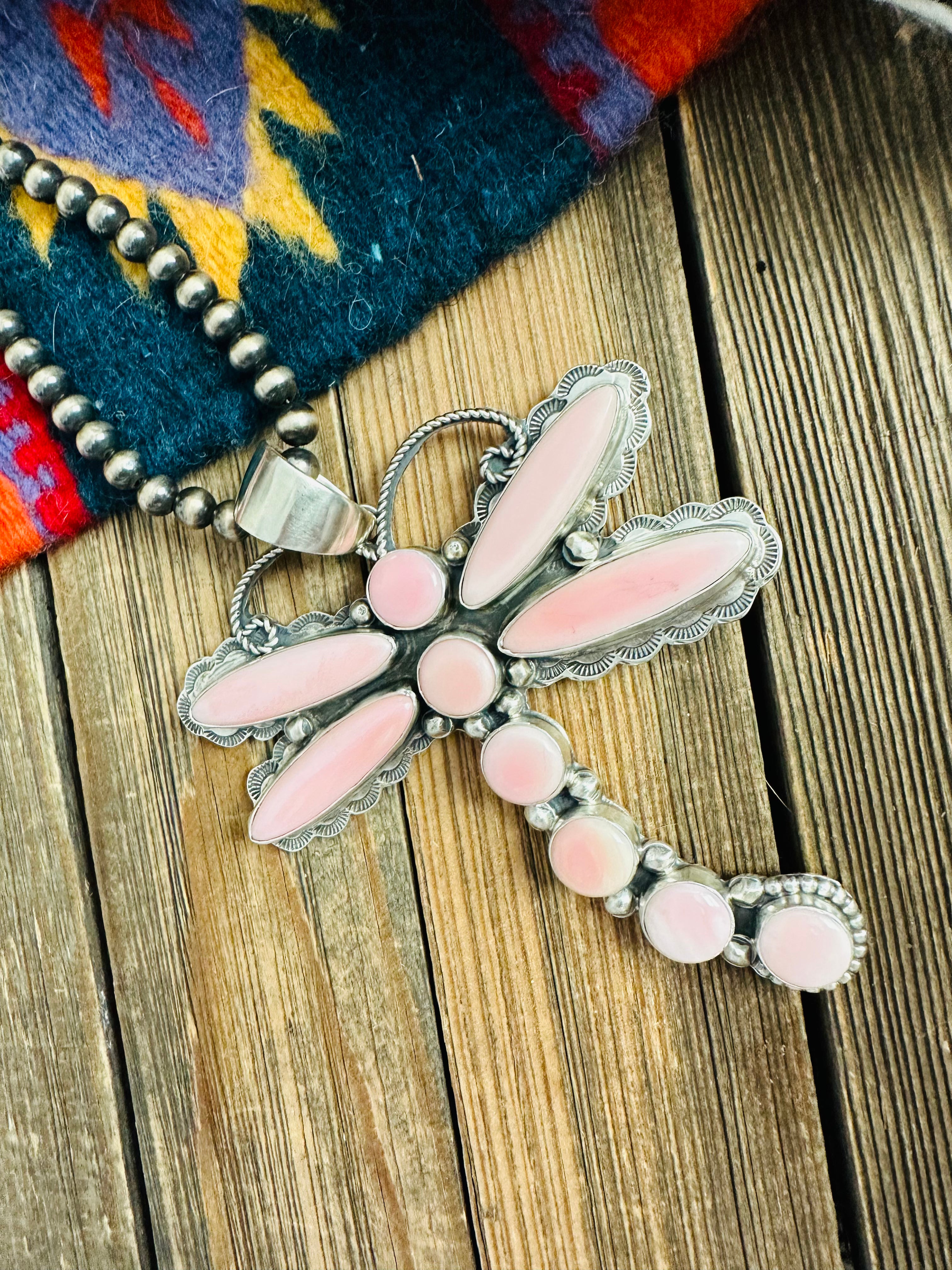 Navajo Queen Pink Conch & Sterling Silver Dragonfly Pendant By Shawn Cayatineto