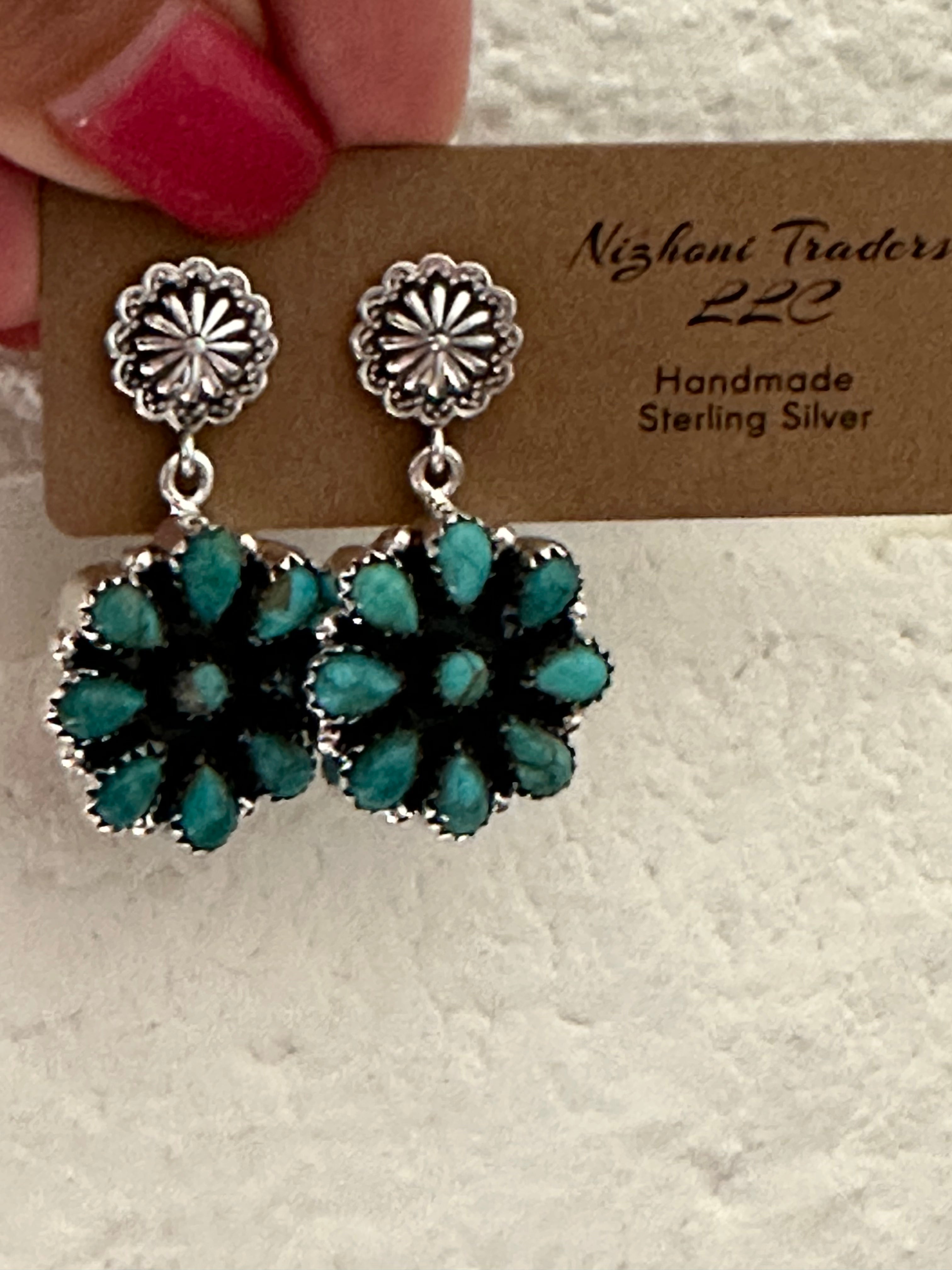 Handmade Royston Turquoise Concho Post Dangle Earrings