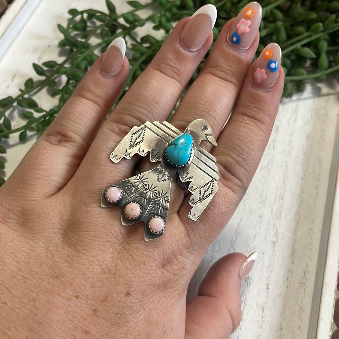 Navajo Thunderbird Sterling Silver, Pink Conch & Turquoise Adjustable Ring Signed