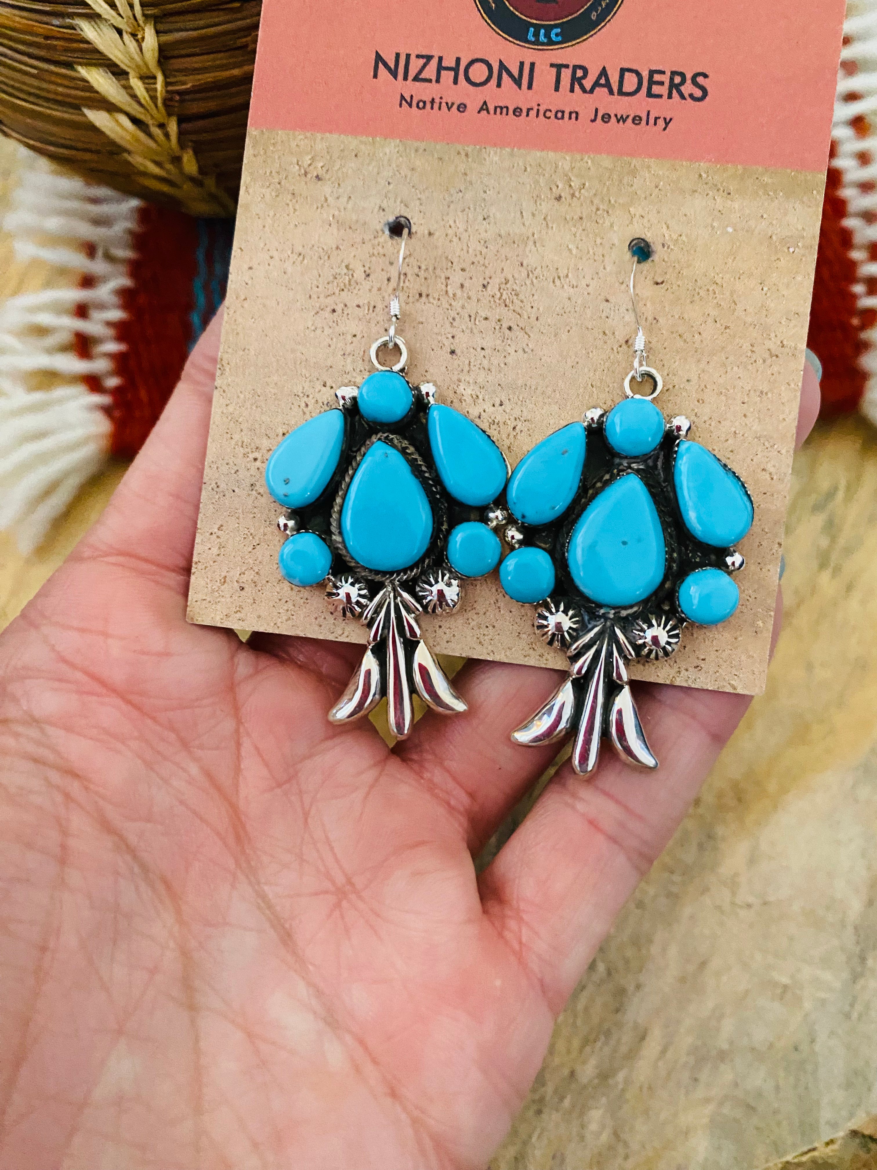 Navajo Sterling Silver & Turquoise Cluster Dangle Earrings