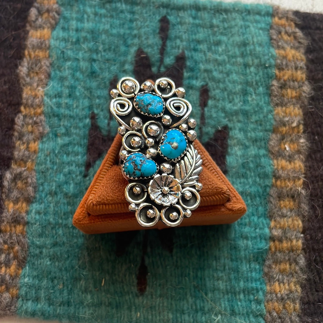 Navajo Sterling Silver & Turquoise Flower Ring Size 11