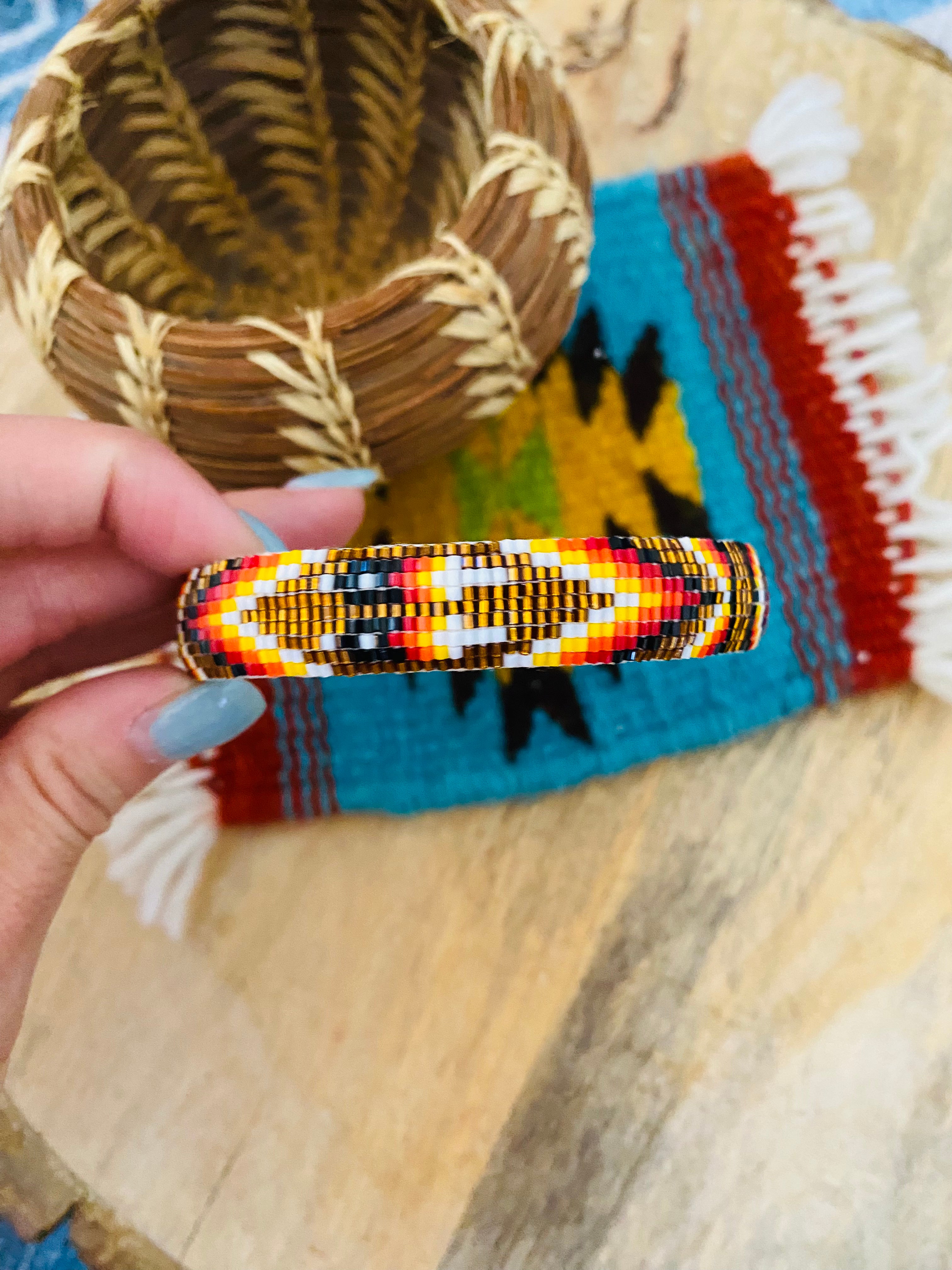 Navajo Made Beaded Leather Bangle Bracelet